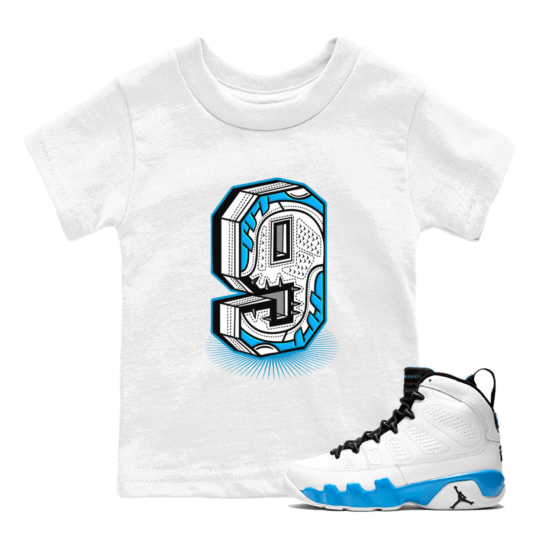 AJ9 Powder Blue shirt to match jordans Number Statue sneaker tees Air Jordan 9 Powder Blue Drip Gear Zone baby toddler White 1 cotton Shirt