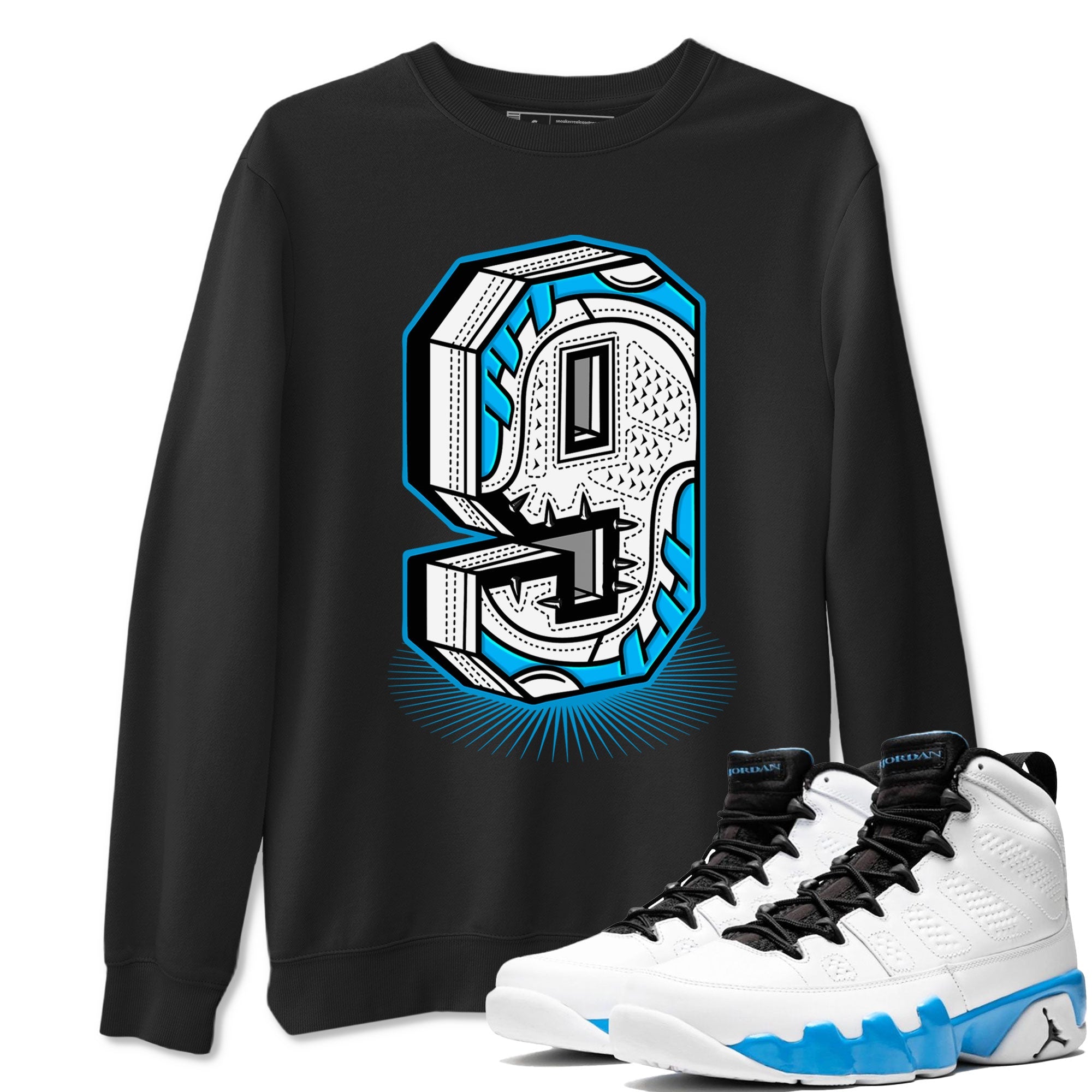 AJ9 Powder Blue shirt to match jordans Number Statue sneaker tees Air Jordan 9 Powder Blue Drip Gear Zone unisex cotton Black 1 crew neck shirt