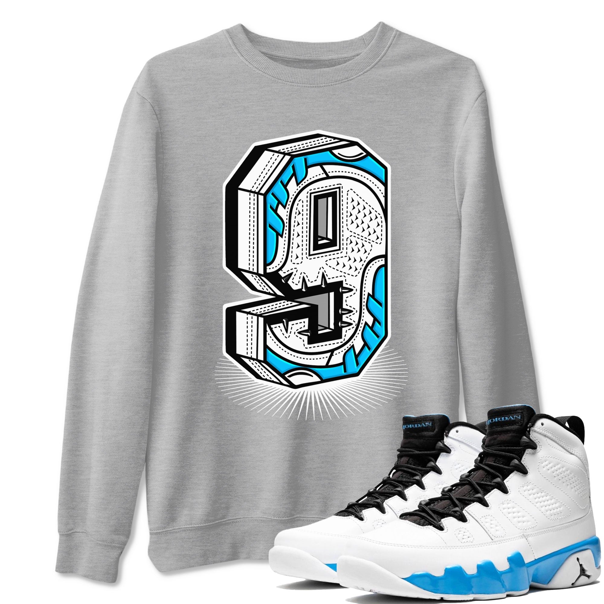 AJ9 Powder Blue shirt to match jordans Number Statue sneaker tees Air Jordan 9 Powder Blue Drip Gear Zone unisex cotton Heather Grey 1 crew neck shirt