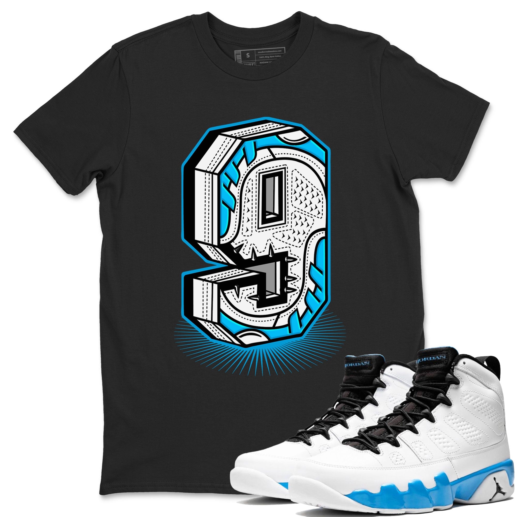 AJ9 Powder Blue shirt to match jordans Number Statue sneaker tees Air Jordan 9 Powder Blue Drip Gear Zone unisex cotton Black 1 crew neck shirt