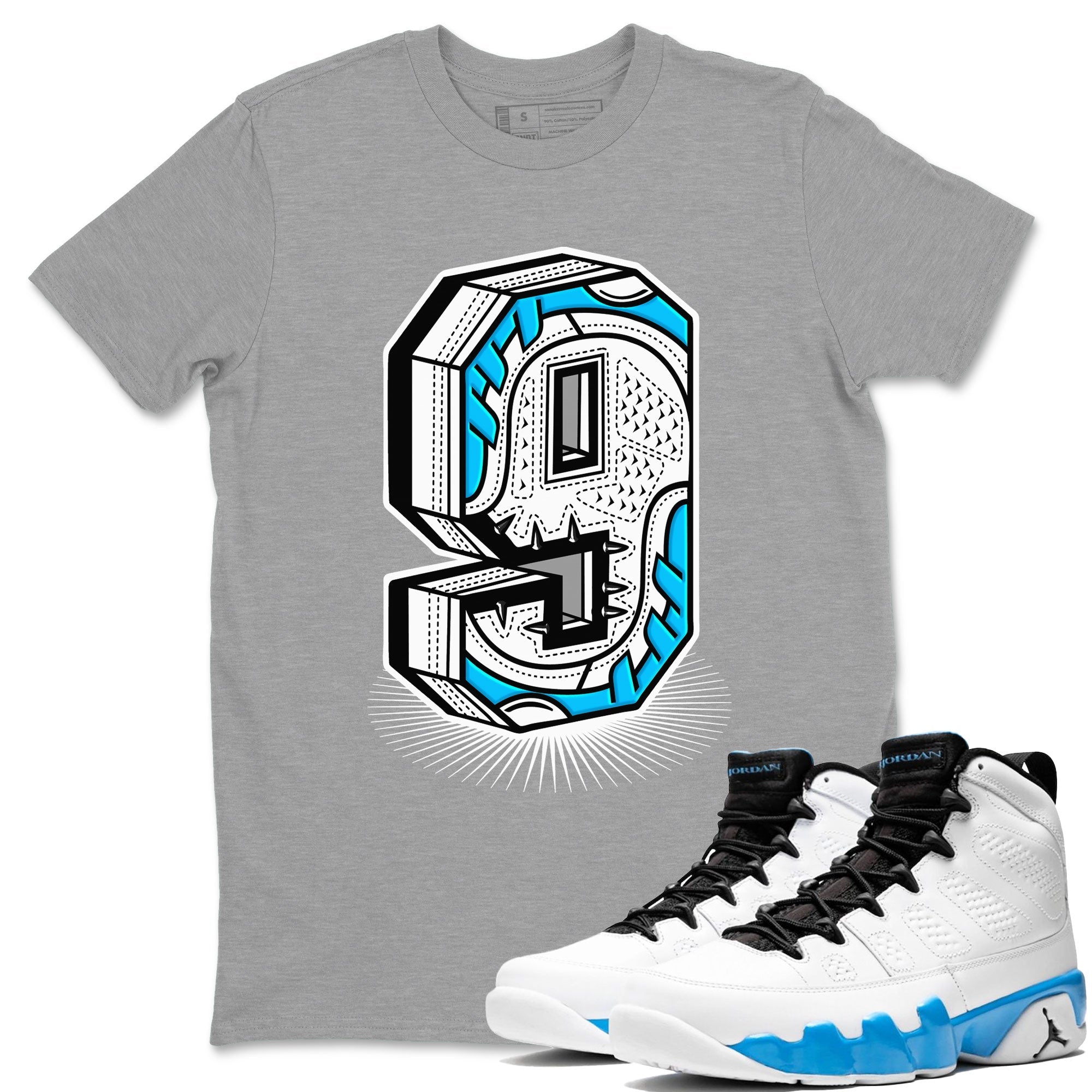 AJ9 Powder Blue shirt to match jordans Number Statue sneaker tees Air Jordan 9 Powder Blue Drip Gear Zone unisex cotton Heather Grey 1 crew neck shirt