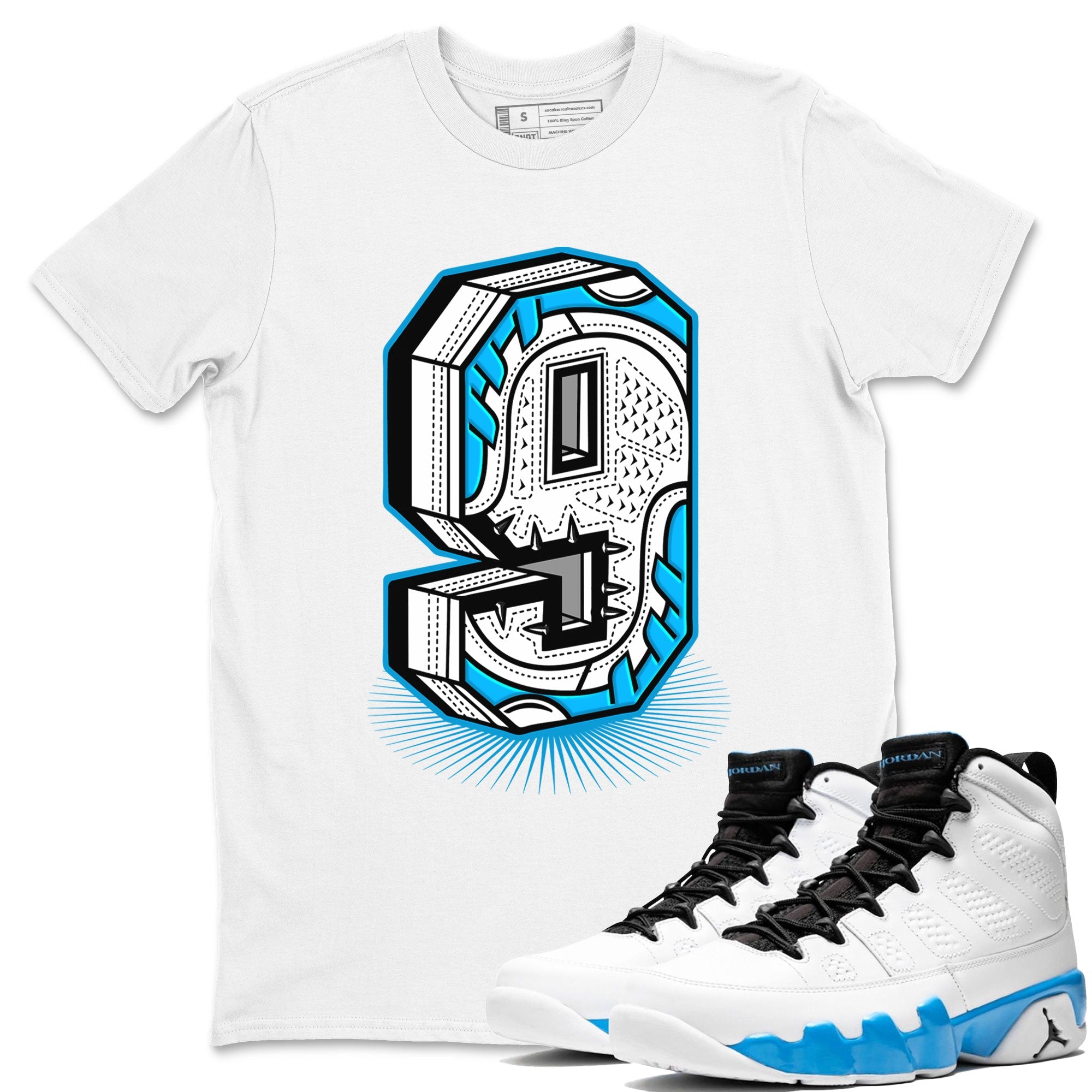 AJ9 Powder Blue shirt to match jordans Number Statue sneaker tees Air Jordan 9 Powder Blue Drip Gear Zone unisex cotton White 1 crew neck shirt