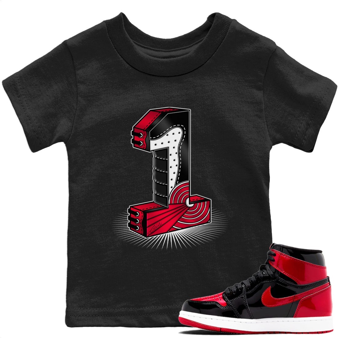 Jordan 1 Bred Patent Sneaker Matching T-Shirt One Statue Sneaker Tees Jordan 1 Bred Patent Sneaker Release Tees Kids Shirts