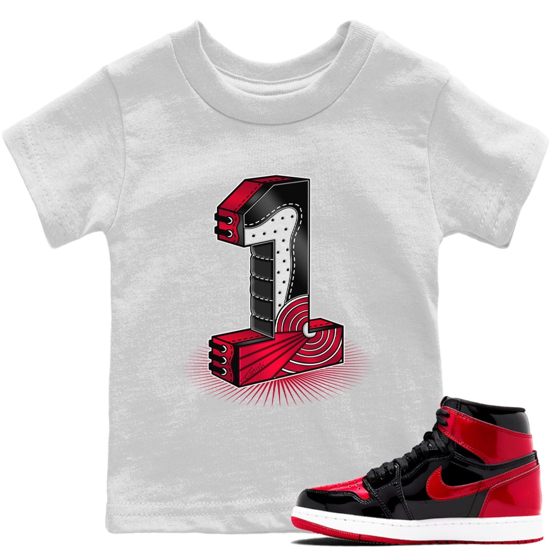 Jordan 1 Bred Patent Sneaker Matching T-Shirt One Statue Sneaker Tees Jordan 1 Bred Patent Sneaker Release Tees Kids Shirts