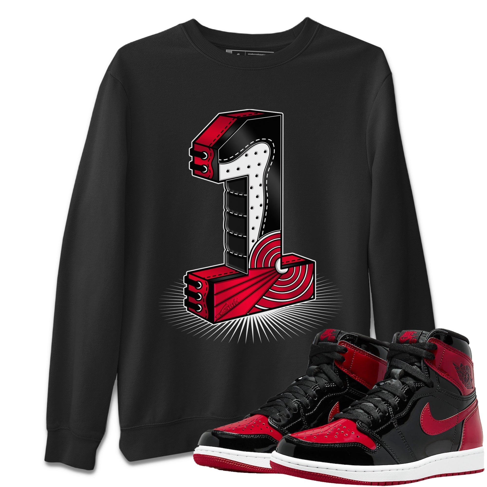 Jordan 1 Bred Patent Sneaker Matching T-Shirt One Statue Sneaker Tees Jordan 1 Bred Patent Sneaker Release Tees Crew Neck Tees