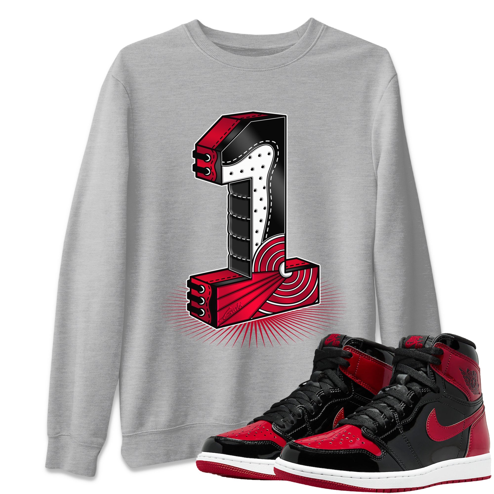 Jordan 1 Bred Patent Sneaker Matching T-Shirt One Statue Sneaker Tees Jordan 1 Bred Patent Sneaker Release Tees Crew Neck Tees