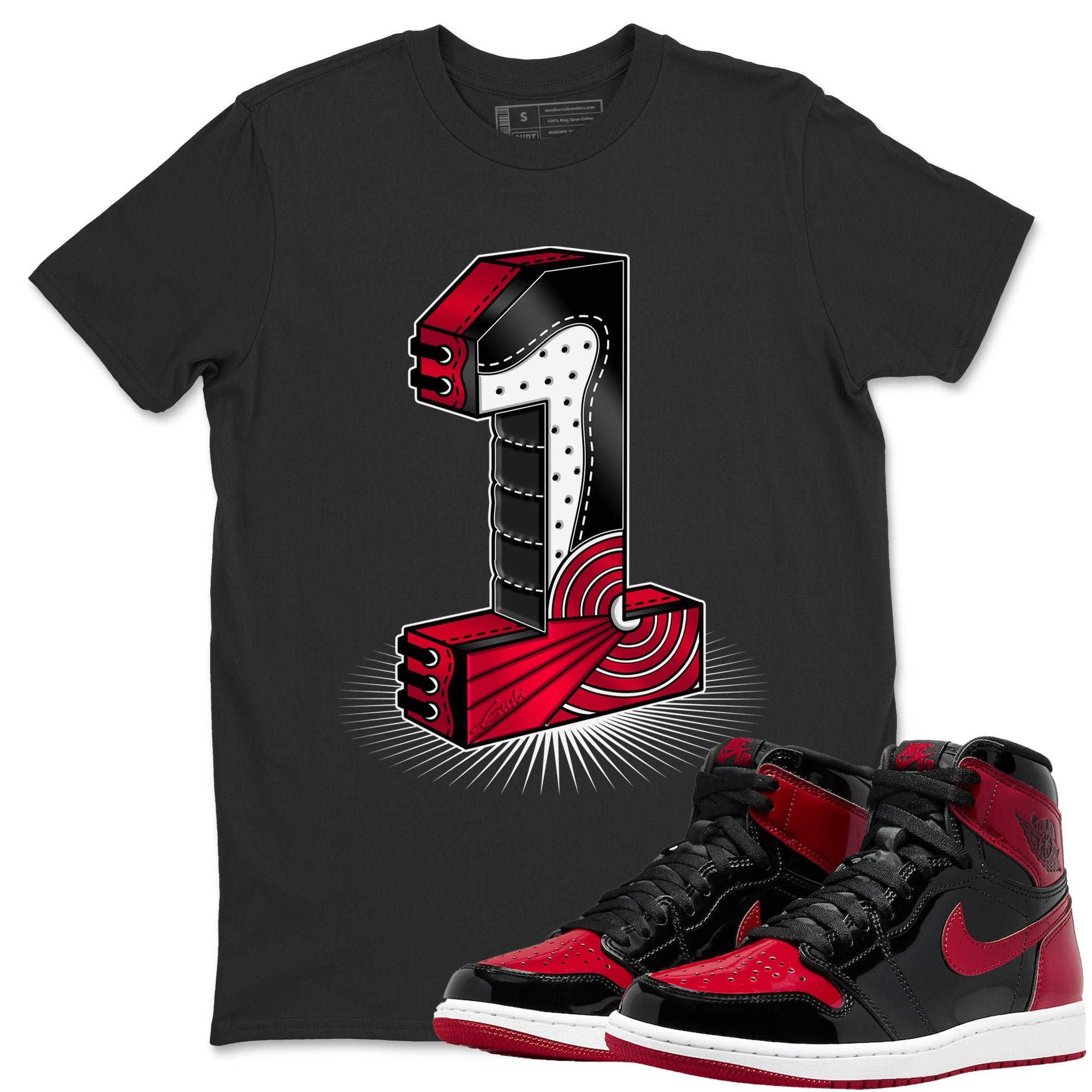 Jordan 1 Bred Patent Sneaker Matching T-Shirt One Statue Sneaker Tees Jordan 1 Bred Patent Sneaker Release Tees Crew Neck Tees