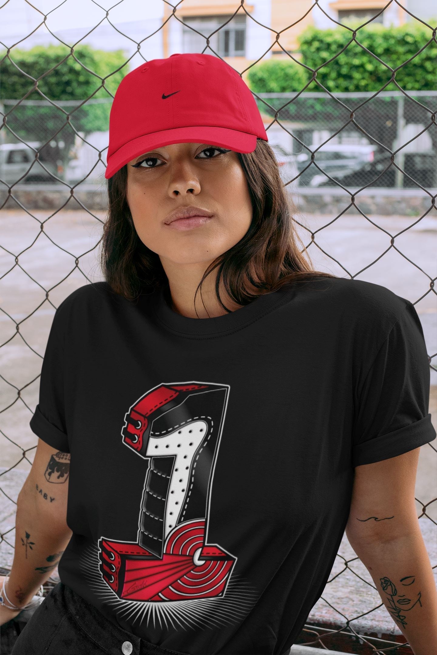 Jordan 1 Bred Patent Sneaker Matching T-Shirt One Statue Sneaker Tees Jordan 1 Bred Patent Sneaker Release Tees Crew Neck Tees