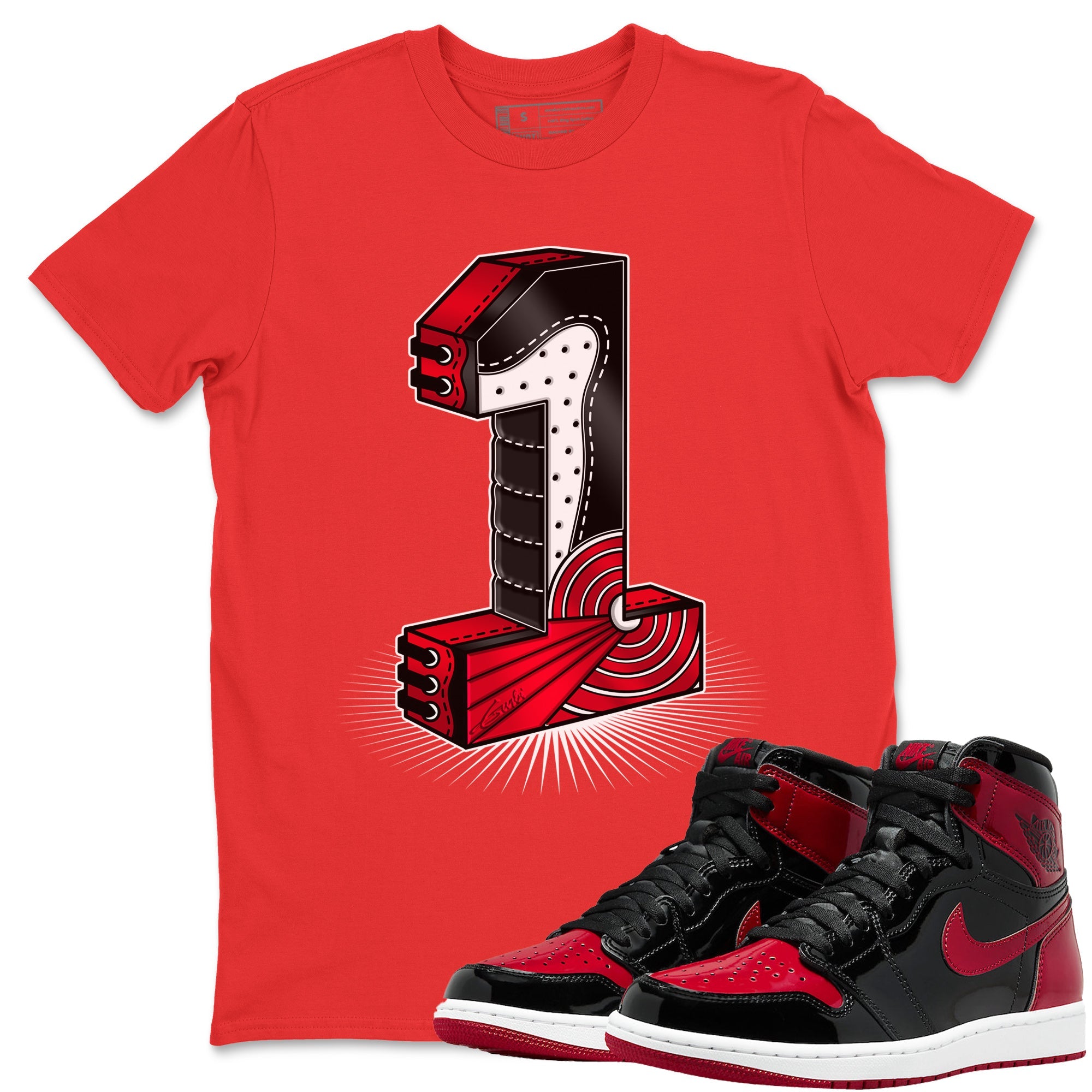 Jordan 1 Bred Patent Sneaker Matching T-Shirt One Statue Sneaker Tees Jordan 1 Bred Patent Sneaker Release Tees Crew Neck Tees