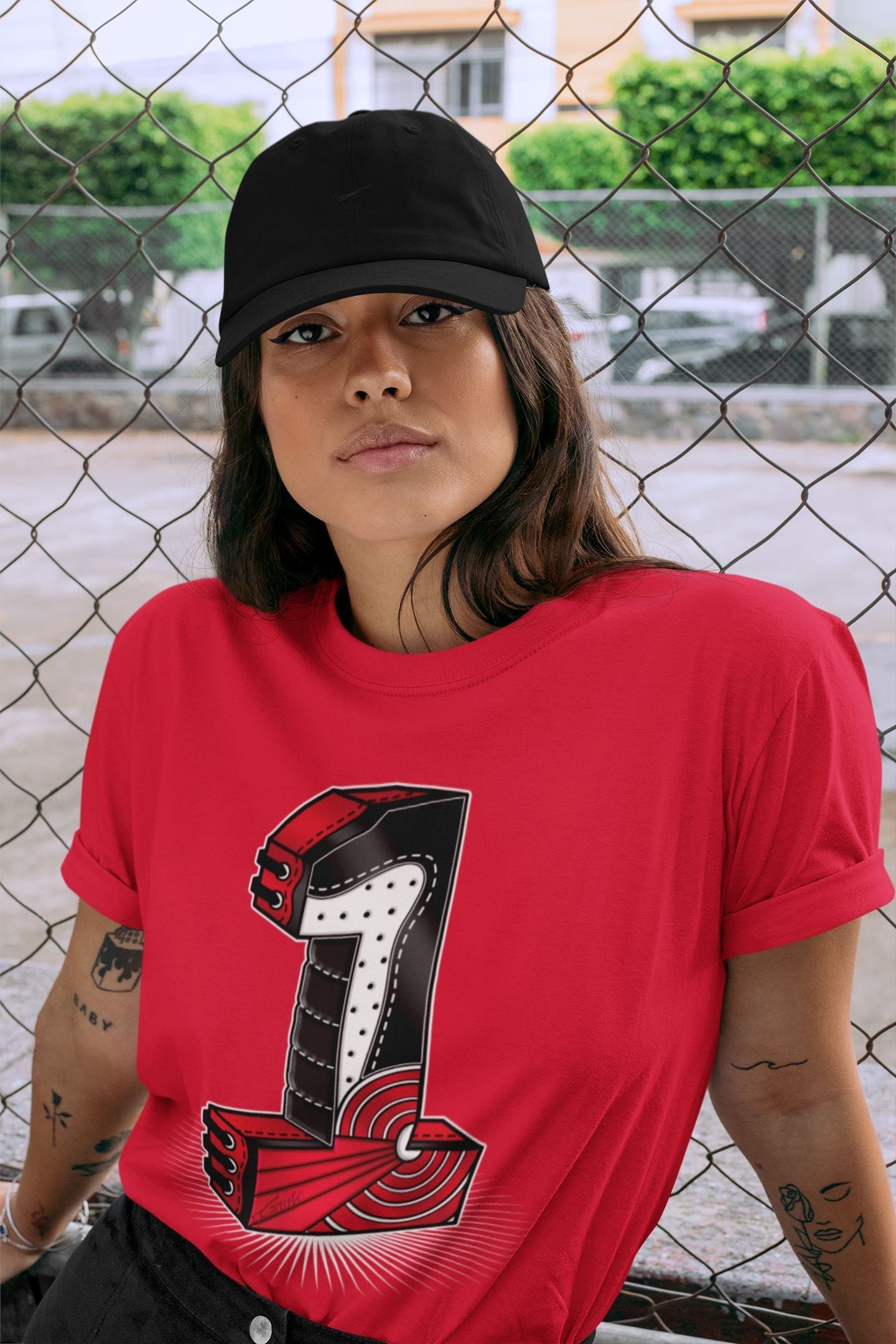 Jordan 1 Bred Patent Sneaker Matching T-Shirt One Statue Sneaker Tees Jordan 1 Bred Patent Sneaker Release Tees Crew Neck Tees