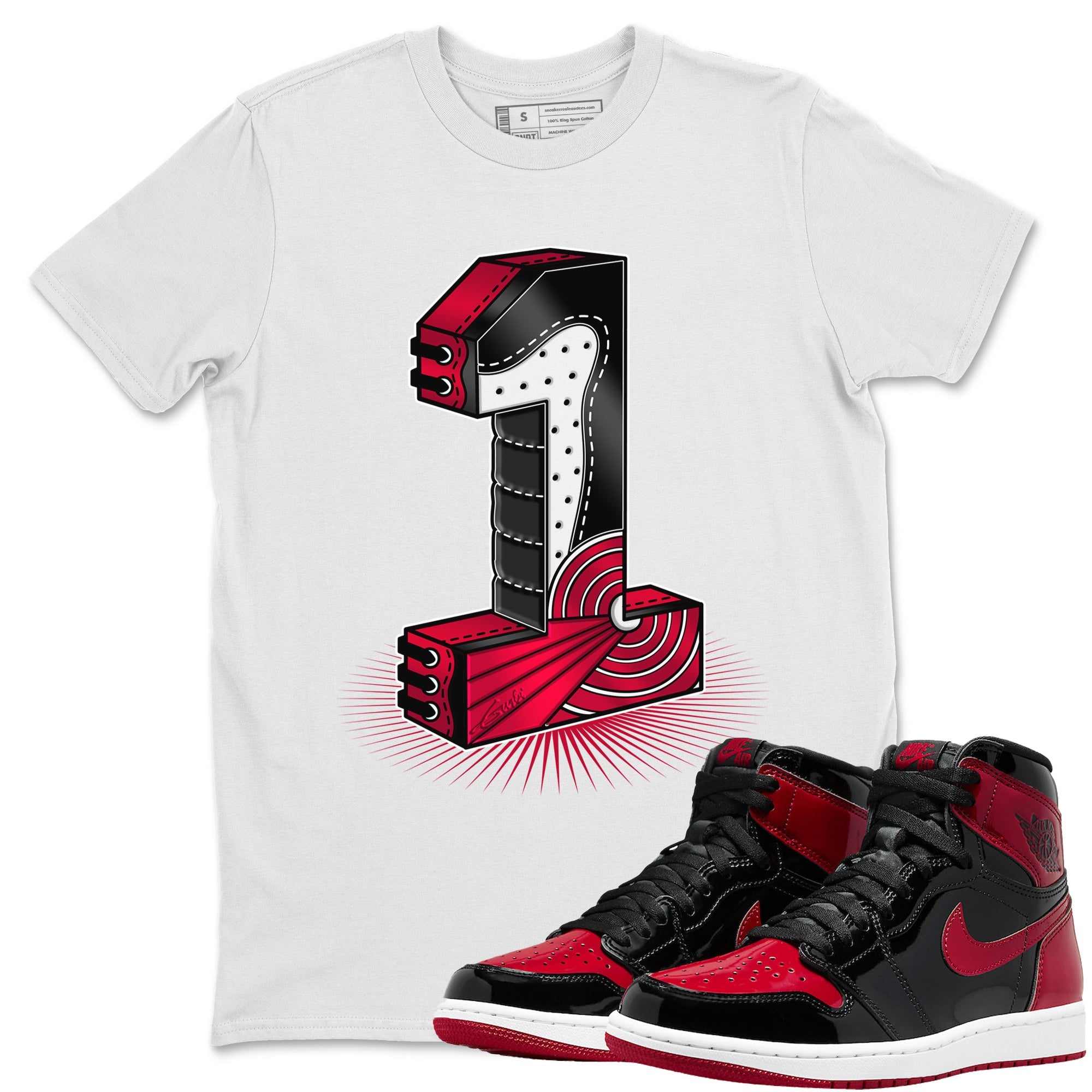 Jordan 1 Bred Patent Sneaker Matching T-Shirt One Statue Sneaker Tees Jordan 1 Bred Patent Sneaker Release Tees Crew Neck Tees