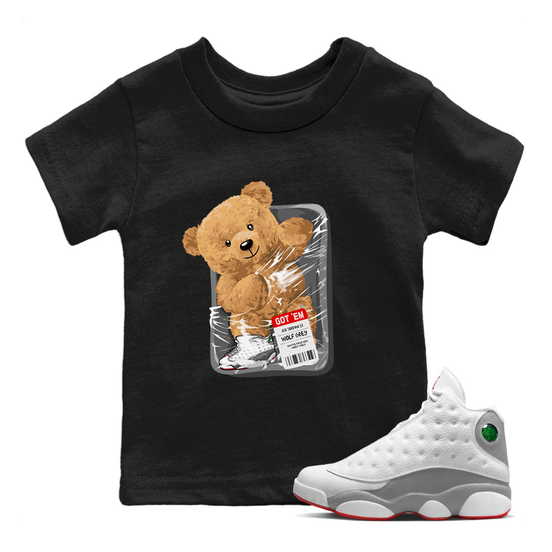Air Jordan 13 Wolf Grey Sneaker Match Tees Packaged Bear Streetwear Sneaker Shirt Jordan 13 Wolf Grey Sneaker Release Tees Sneaker Matching  Kids Shirts Black 1