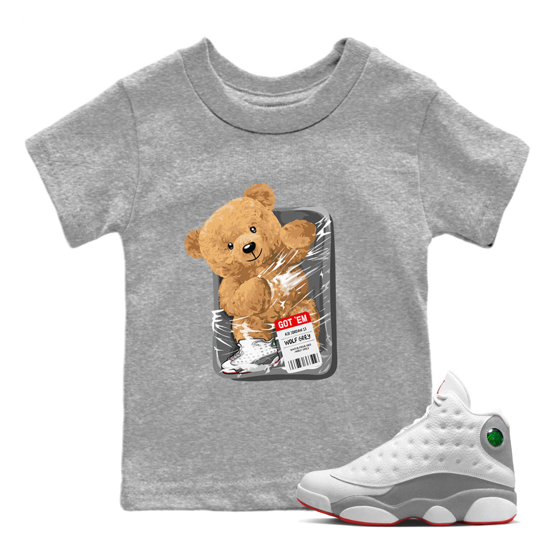 Air Jordan 13 Wolf Grey Sneaker Match Tees Packaged Bear Streetwear Sneaker Shirt Jordan 13 Wolf Grey Sneaker Release Tees Sneaker Matching  Kids Shirts Heather Grey 1