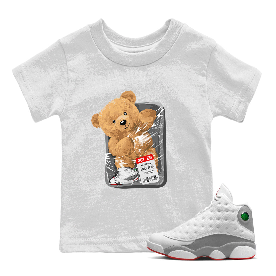 Air Jordan 13 Wolf Grey Sneaker Match Tees Packaged Bear Streetwear Sneaker Shirt Jordan 13 Wolf Grey Sneaker Release Tees Sneaker Matching  Kids Shirts White 1
