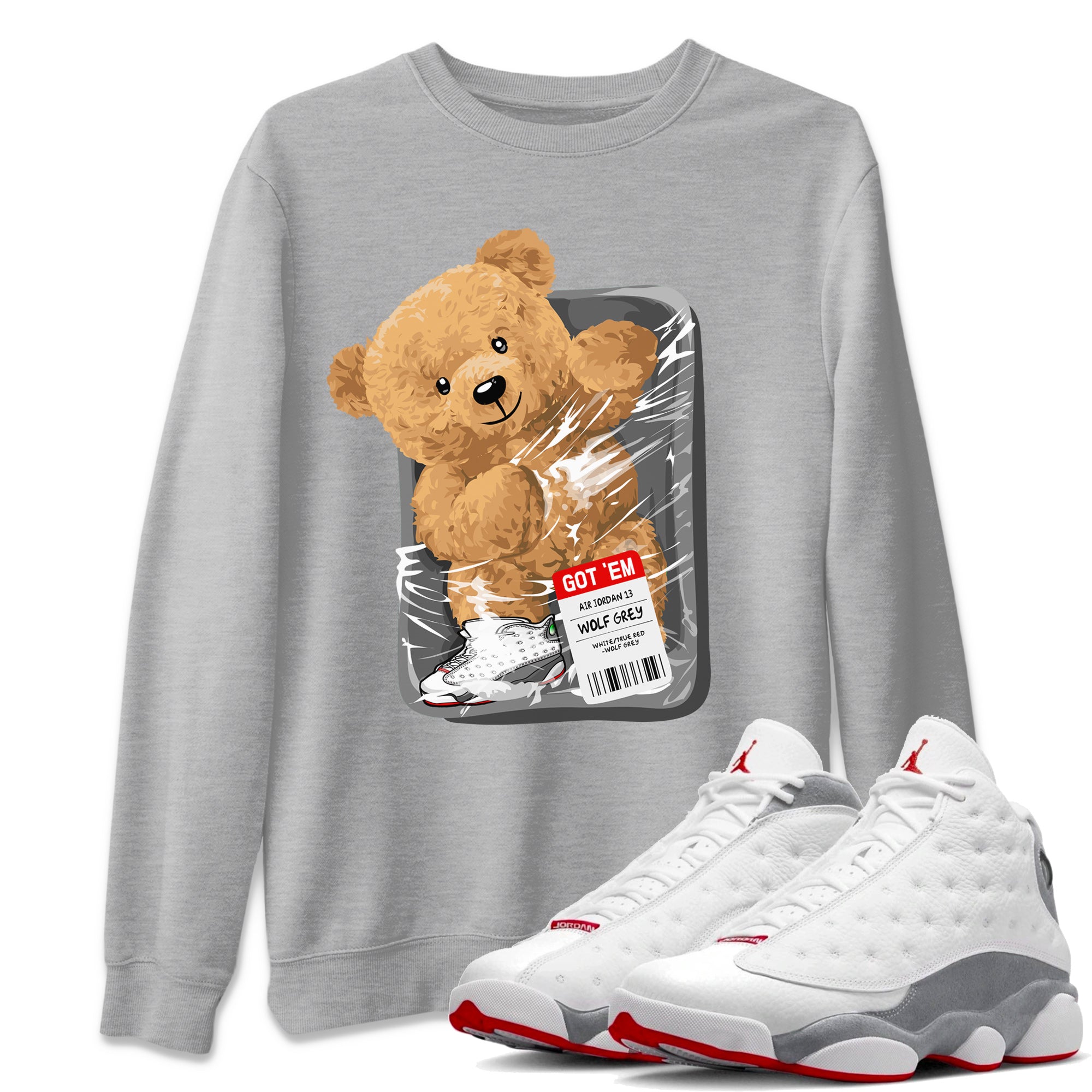 Air Jordan 13 Wolf Grey Sneaker Match Tees Packaged Bear Streetwear Sneaker Shirt Jordan 13 Wolf Grey Sneaker Release Tees Sneaker Matching  Unisex Shirts Heather Grey 1