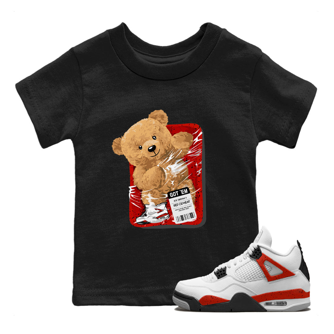 Jordan 4 Red Cement Tees Outfits Packaged Bear Streetwear Sneaker Shirt Air Jordan 4 Red Cement Sneaker Release Tees Kids Shirts Black 1