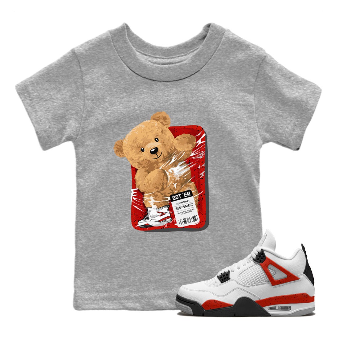 Jordan 4 Red Cement Tees Outfits Packaged Bear Streetwear Sneaker Shirt Air Jordan 4 Red Cement Sneaker Release Tees Kids Shirts Heather Grey 1