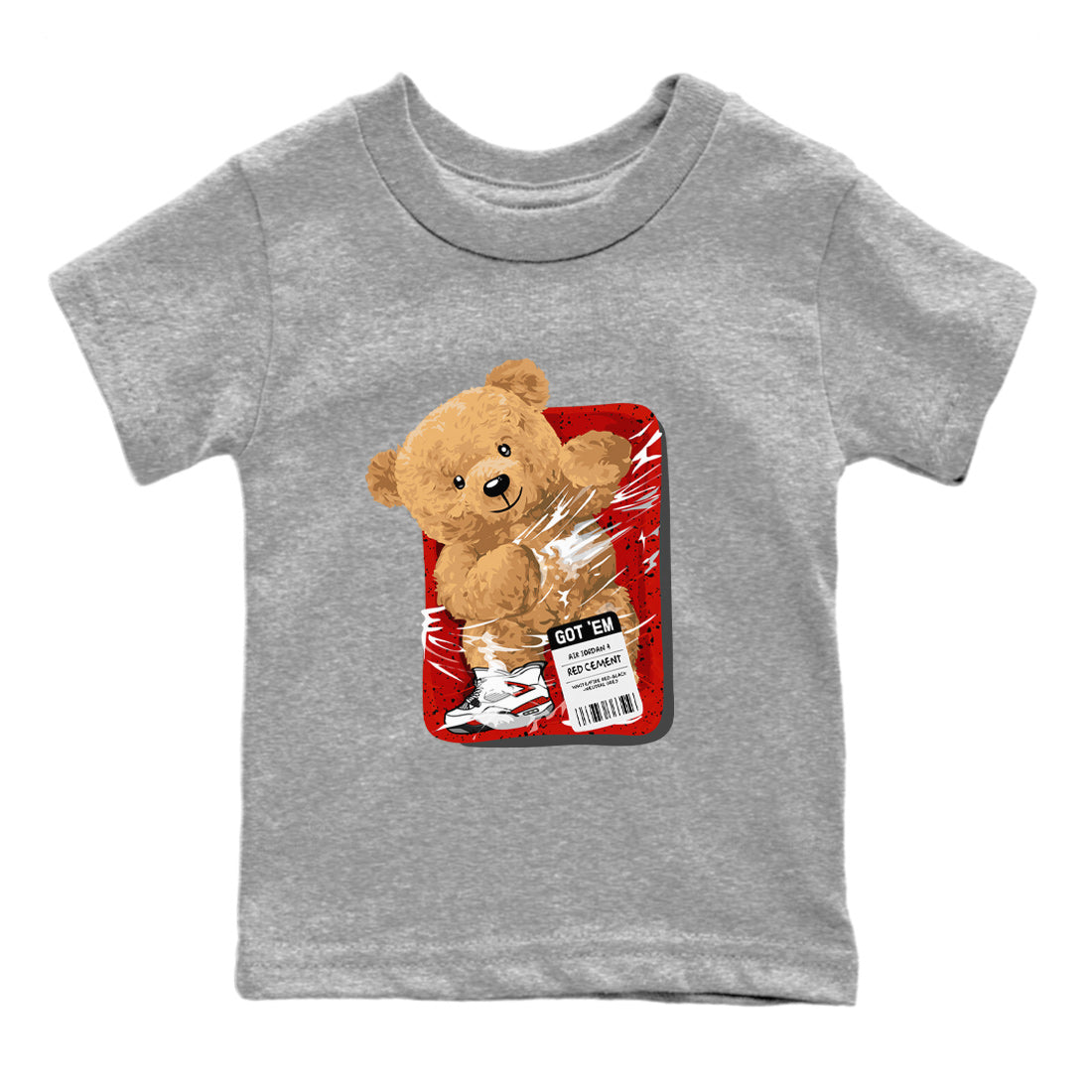 Jordan 4 Red Cement Tees Outfits Packaged Bear Streetwear Sneaker Shirt Air Jordan 4 Red Cement Sneaker Release Tees Kids Shirts Heather Grey 2