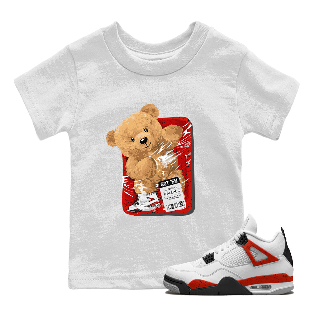 Jordan 4 Red Cement Tees Outfits Packaged Bear Streetwear Sneaker Shirt Air Jordan 4 Red Cement Sneaker Release Tees Kids Shirts White 1