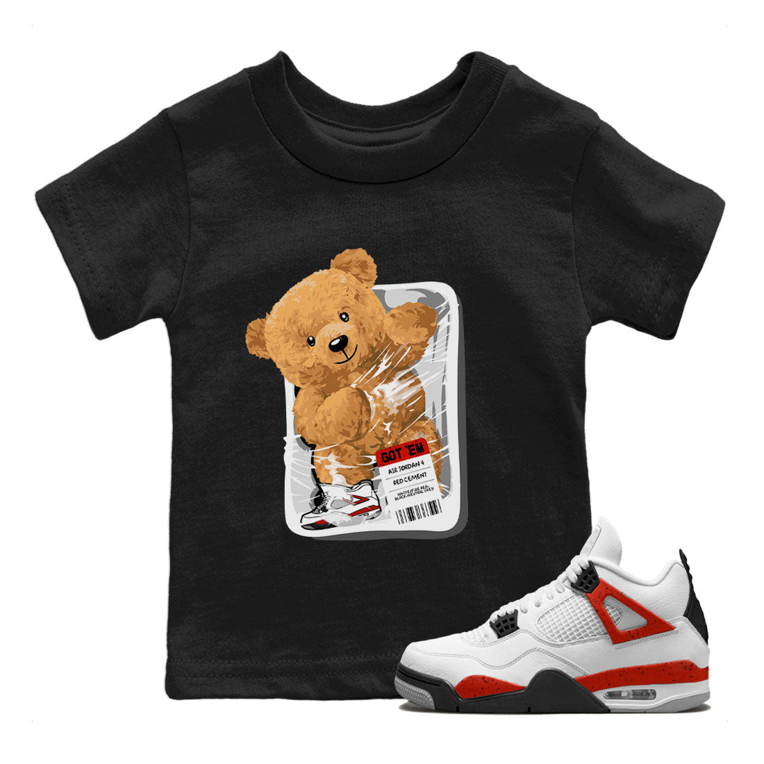 Jordan 4 Retro Red Cement Sneaker Match Tees Packaged Bear Streetwear Sneaker Shirt Air Jordan 4 Red Cement Drip Gear Zone Sneaker Matching Clothing Kids, Youth, Baby Clothing Black 1