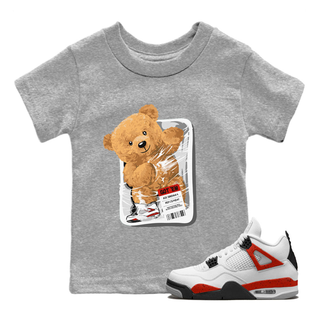Jordan 4 Retro Red Cement Sneaker Match Tees Packaged Bear Streetwear Sneaker Shirt Air Jordan 4 Red Cement Drip Gear Zone Sneaker Matching Clothing Kids, Youth, Baby Clothing Heather Grey 1