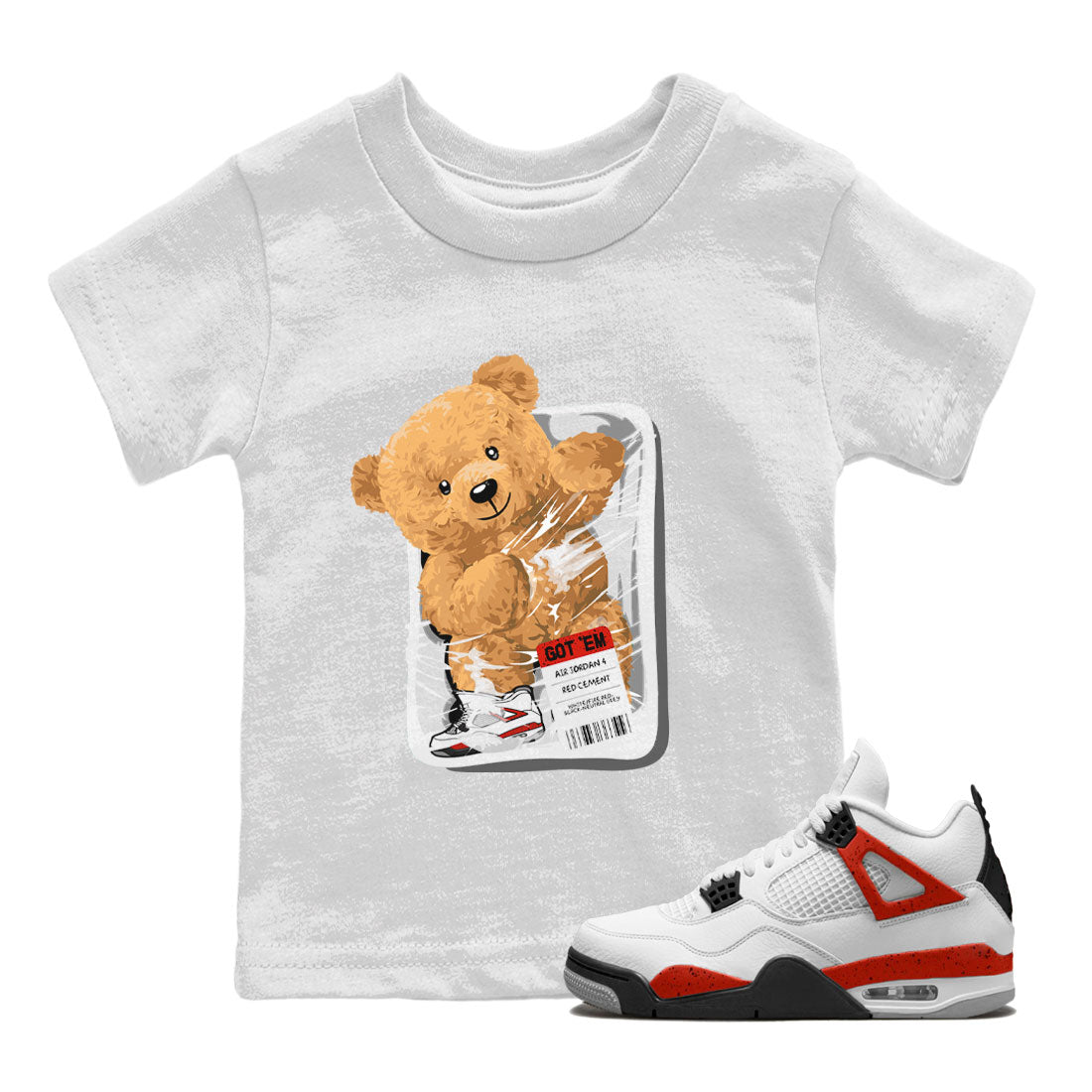 Jordan 4 Retro Red Cement Sneaker Match Tees Packaged Bear Streetwear Sneaker Shirt Air Jordan 4 Red Cement Drip Gear Zone Sneaker Matching Clothing Kids, Youth, Baby Clothing White 1