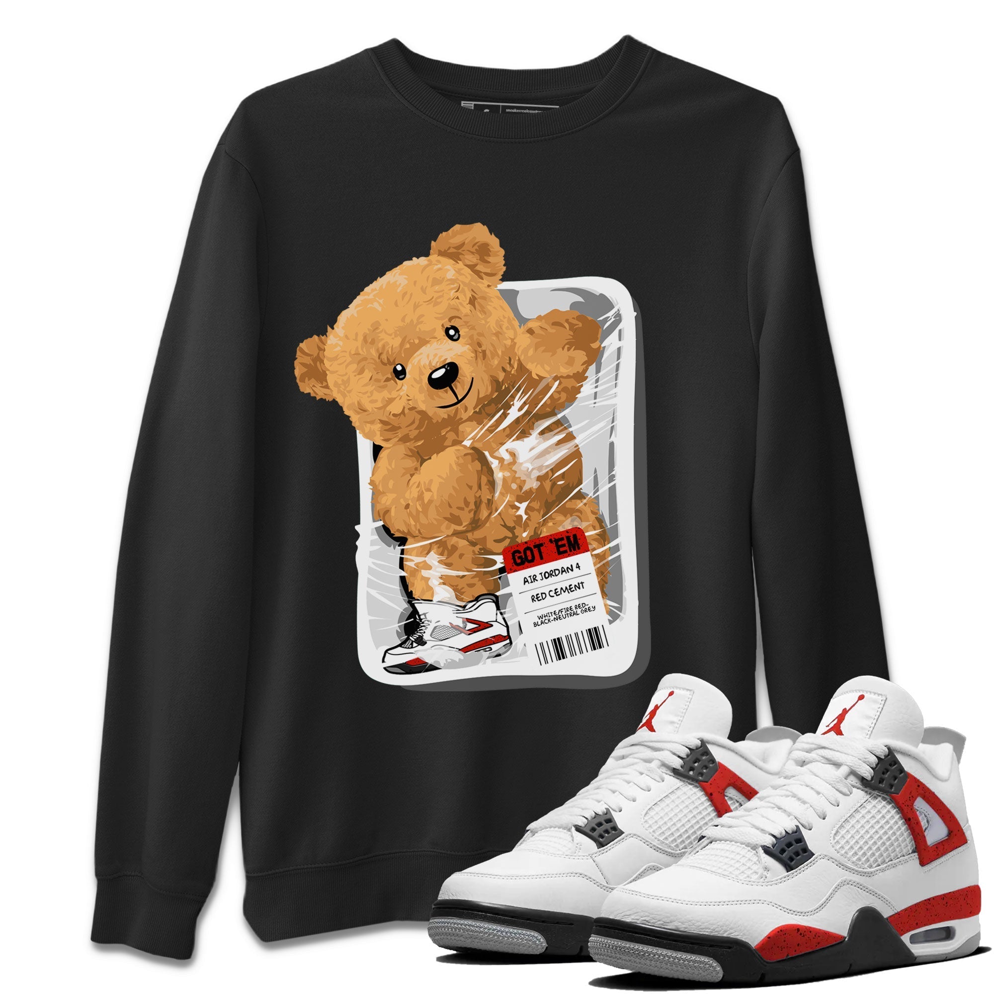 Jordan 4 Retro Red Cement Sneaker Match Tees Packaged Bear Streetwear Sneaker Shirt Air Jordan 4 Red Cement Drip Gear Zone Sneaker Matching Clothing Short Sleeve T-Shirt Black 1