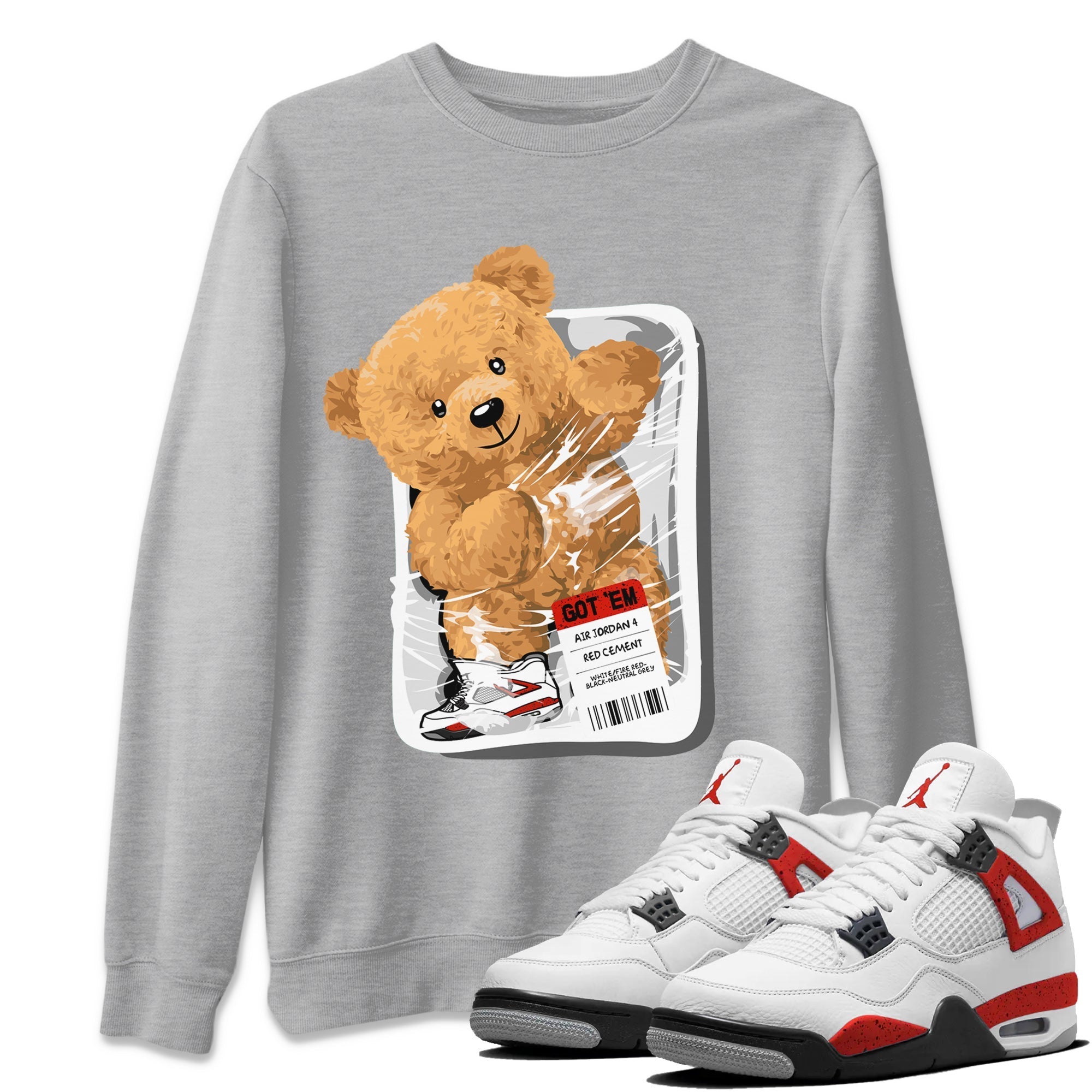 Jordan 4 Retro Red Cement Sneaker Match Tees Packaged Bear Streetwear Sneaker Shirt Air Jordan 4 Red Cement Drip Gear Zone Sneaker Matching Clothing Short Sleeve T-Shirt Heather Grey 1