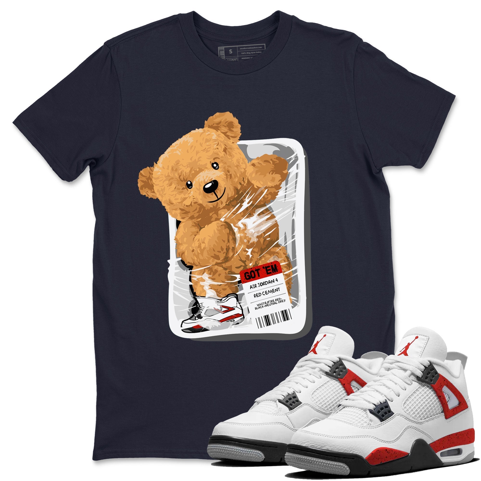 Jordan 4 Retro Red Cement Sneaker Match Tees Packaged Bear Streetwear Sneaker Shirt Air Jordan 4 Red Cement Drip Gear Zone Sneaker Matching Clothing Short Sleeve T-Shirt Black 2