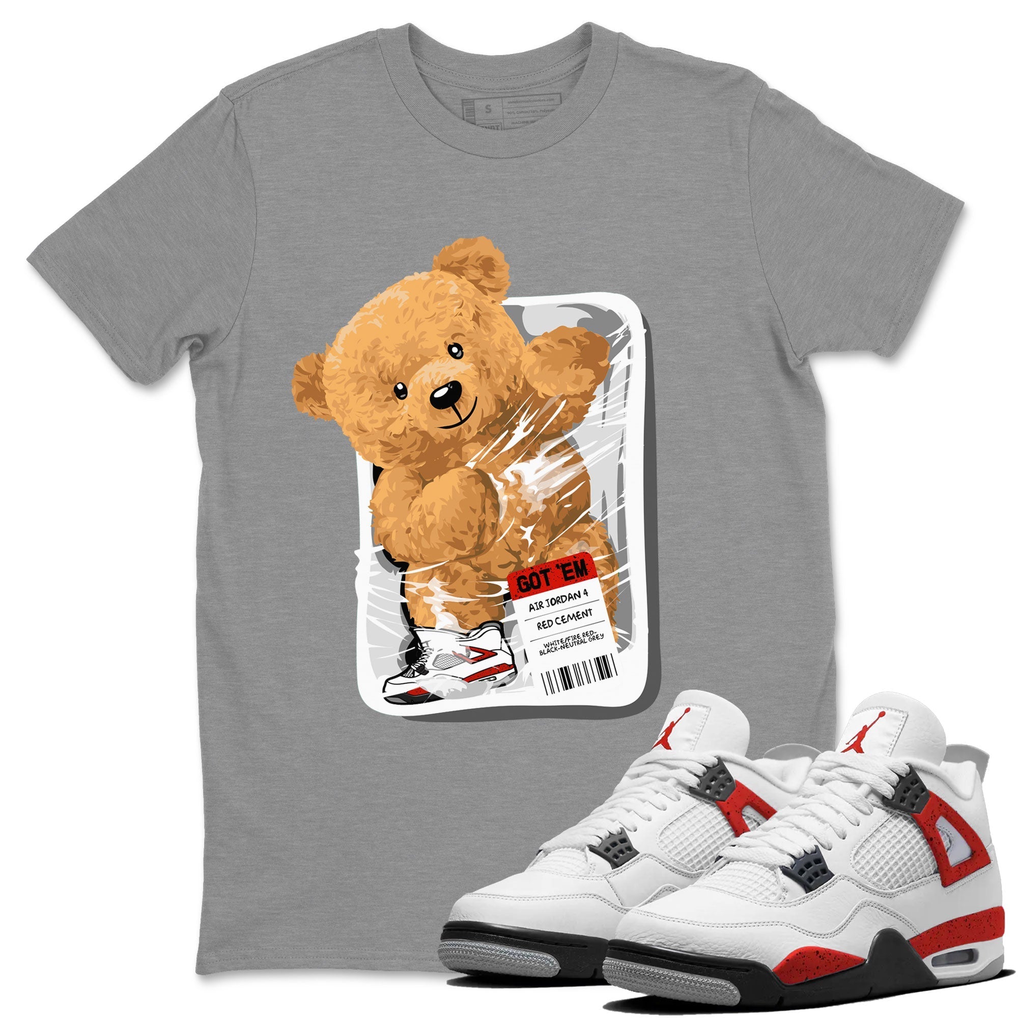 Jordan 4 Retro Red Cement Sneaker Match Tees Packaged Bear Streetwear Sneaker Shirt Air Jordan 4 Red Cement Drip Gear Zone Sneaker Matching Clothing Short Sleeve T-Shirt Heather Grey 1