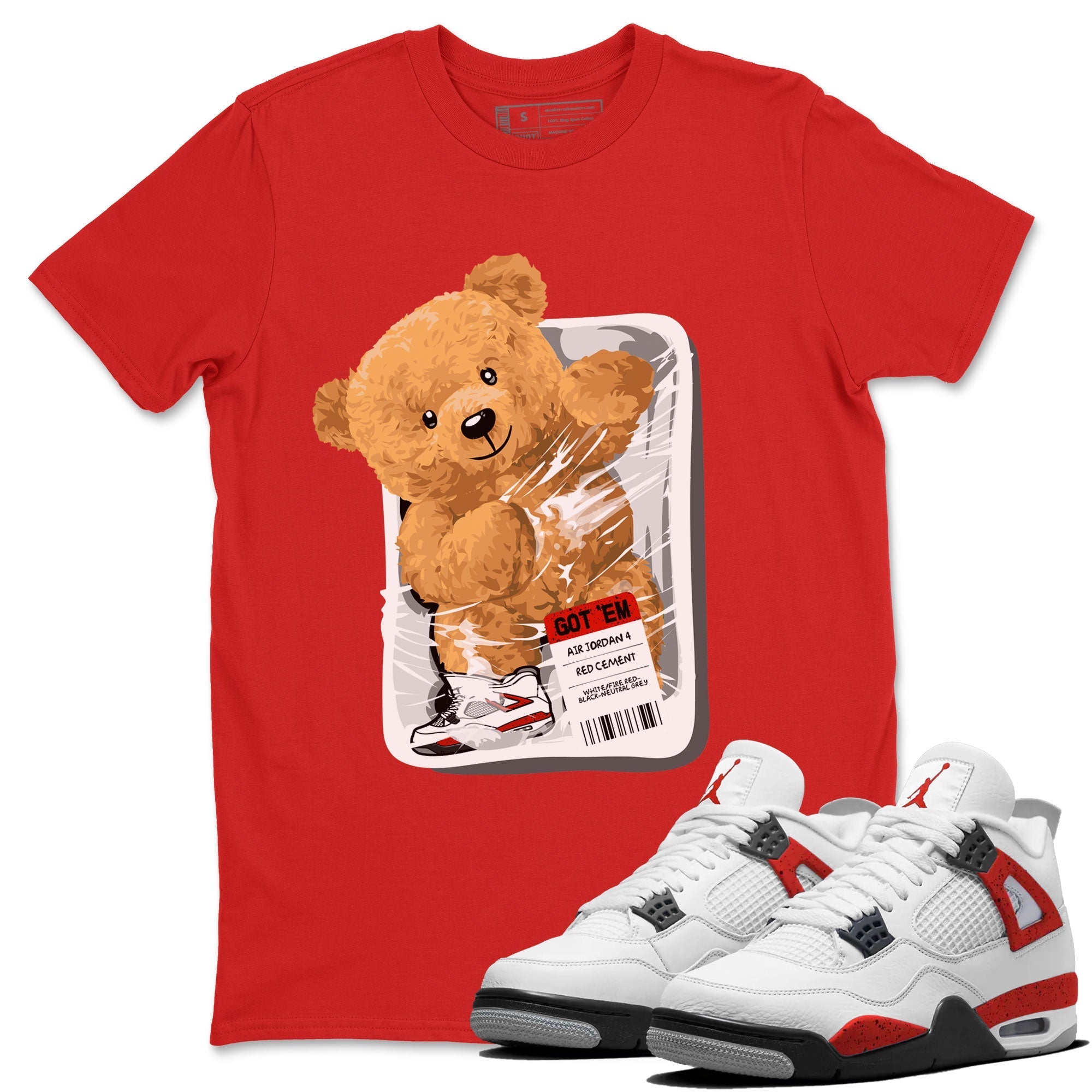 Jordan 4 Retro Red Cement Sneaker Match Tees Packaged Bear Streetwear Sneaker Shirt Air Jordan 4 Red Cement Drip Gear Zone Sneaker Matching Clothing Short Sleeve T-Shirt Red 1