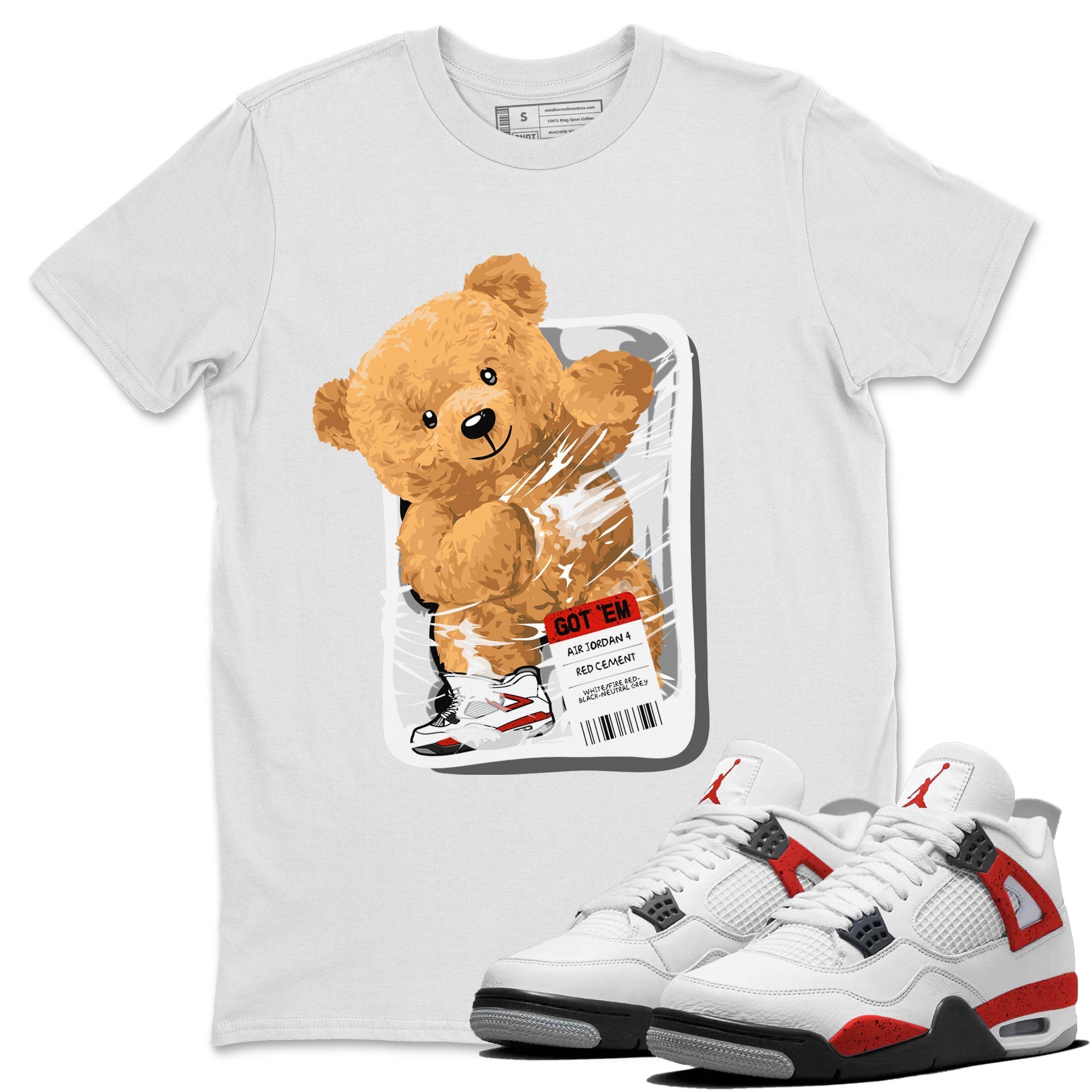 Jordan 4 Retro Red Cement Sneaker Match Tees Packaged Bear Streetwear Sneaker Shirt Air Jordan 4 Red Cement Drip Gear Zone Sneaker Matching Clothing Short Sleeve T-Shirt White 1