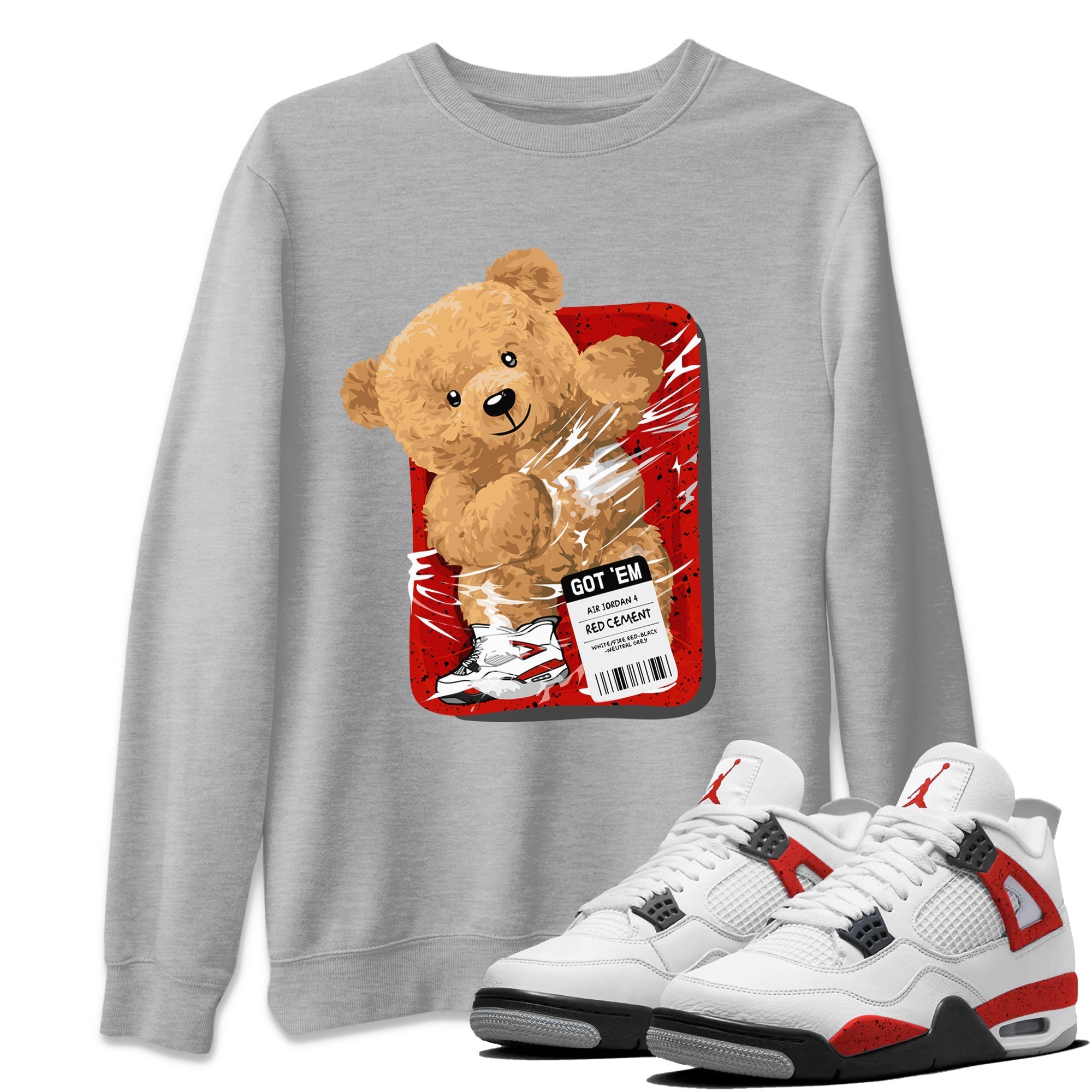 Jordan 4 Red Cement Tees Outfits Packaged Bear Streetwear Sneaker Shirt Air Jordan 4 Red Cement Sneaker Release Tees Unisex Shirts Heather Grey 1