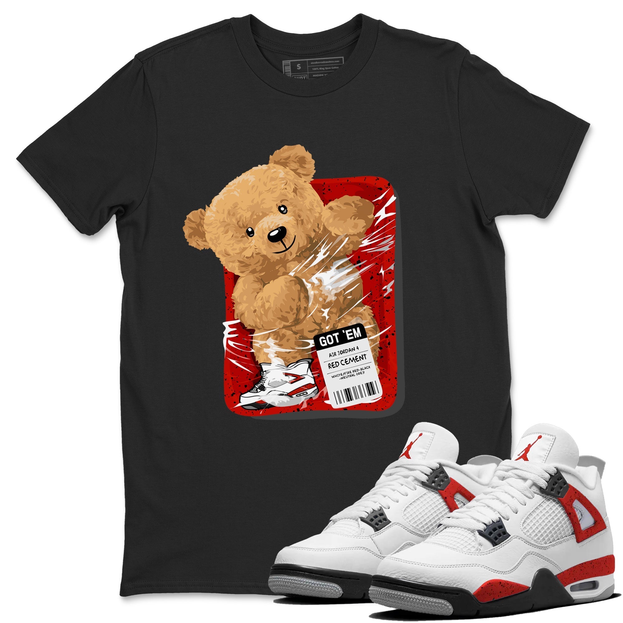 Jordan 4 Red Cement Tees Outfits Packaged Bear Streetwear Sneaker Shirt Air Jordan 4 Red Cement Sneaker Release Tees Unisex Shirts Black 1