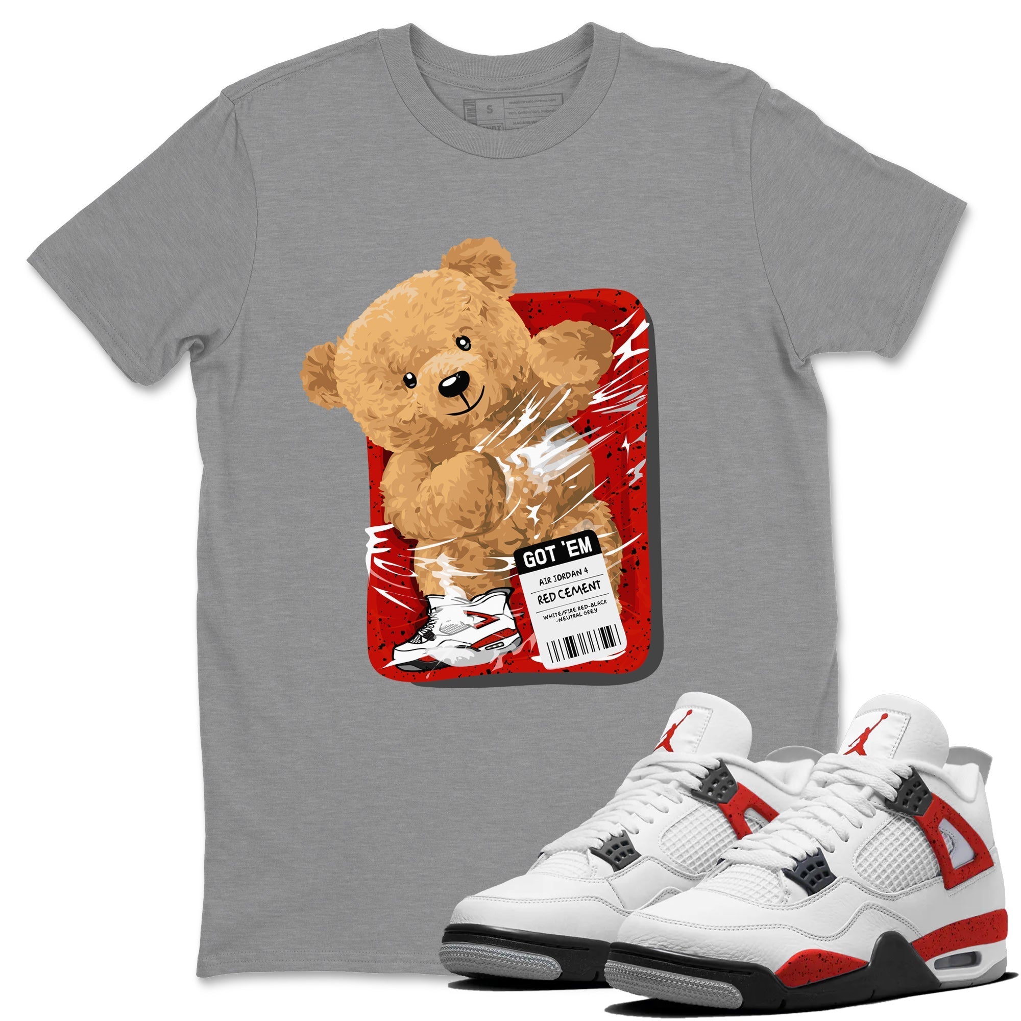 Jordan 4 Red Cement Tees Outfits Packaged Bear Streetwear Sneaker Shirt Air Jordan 4 Red Cement Sneaker Release Tees Unisex Shirts Heather Grey 1