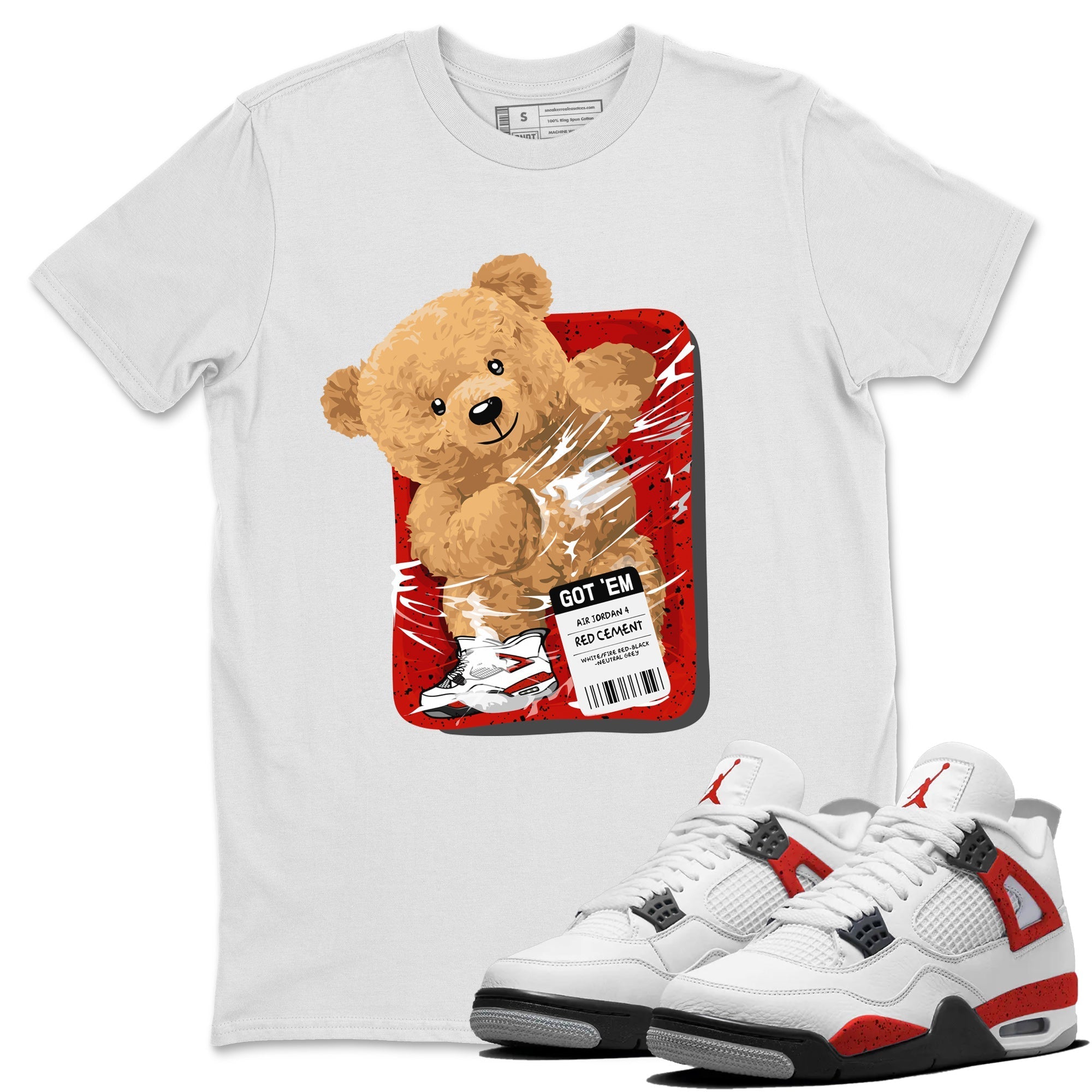 Jordan 4 Red Cement Tees Outfits Packaged Bear Streetwear Sneaker Shirt Air Jordan 4 Red Cement Sneaker Release Tees Unisex Shirts White 1