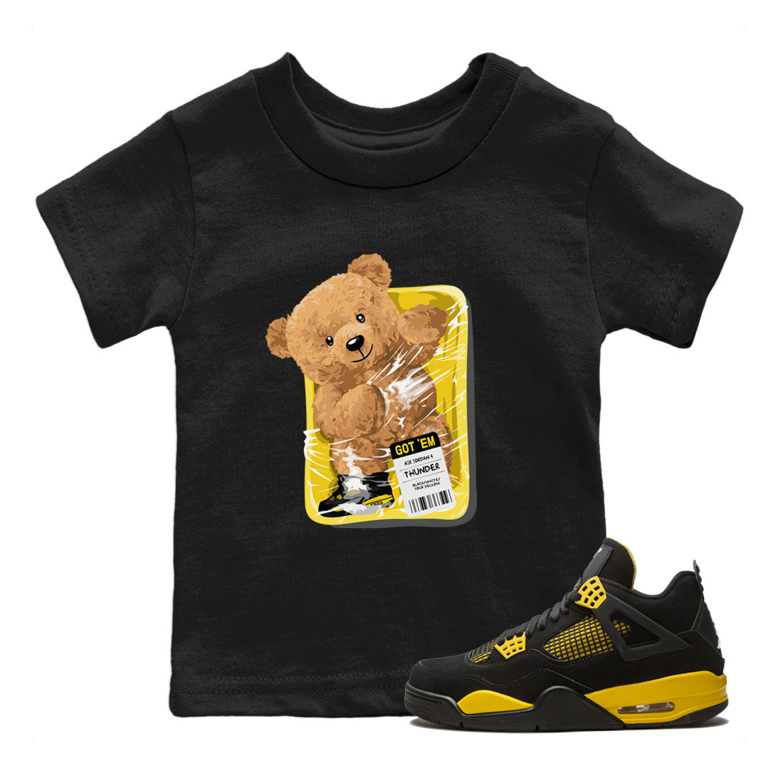 Air Jordan 4 Thunder Sneaker Match Tees Packaged Bear Streetwear Sneaker Shirt Air Jordan 4 Retro Thunder Sneaker Release Tees Kids Shirts Black 1