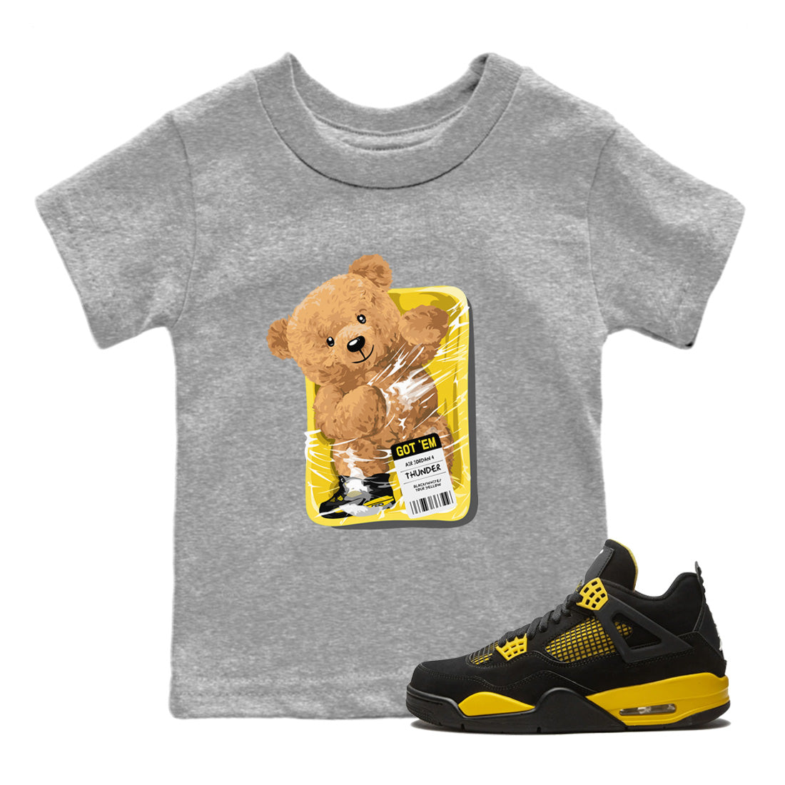 Air Jordan 4 Thunder Sneaker Match Tees Packaged Bear Streetwear Sneaker Shirt Air Jordan 4 Retro Thunder Sneaker Release Tees Kids Shirts Heather Grey 1