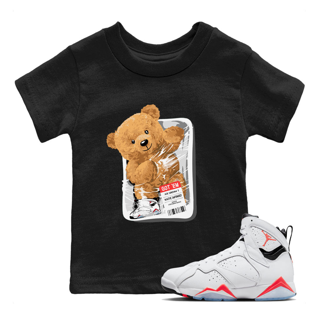 Air Jordan 7 White Infrared Sneaker Match Tees Packaged Bear Streetwear Sneaker Shirt AJ7 White Infrared Drip Gear Zone Sneaker Matching Clothing Kids, Youth, Baby Clothing Black 1
