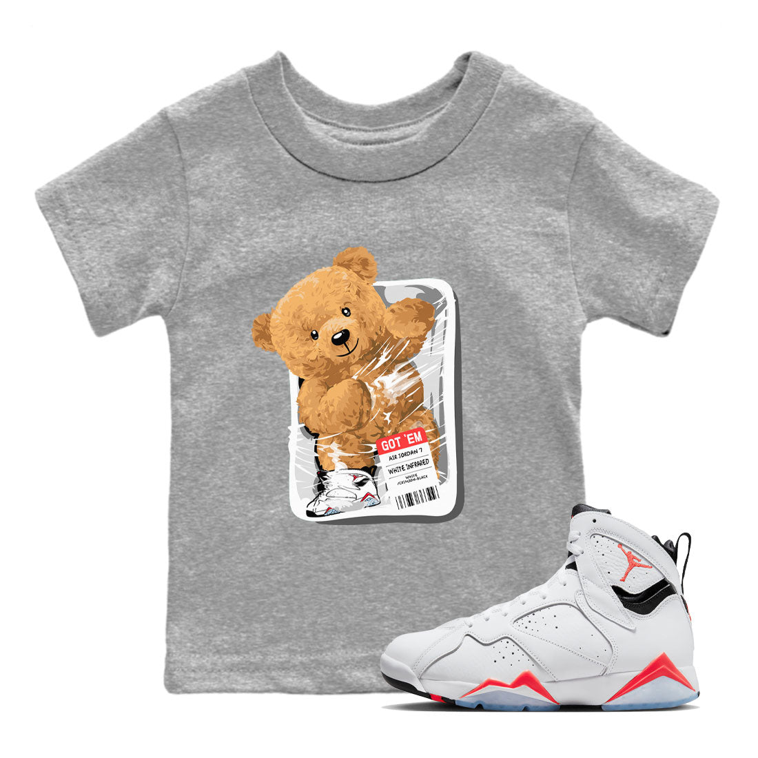 Air Jordan 7 White Infrared Sneaker Match Tees Packaged Bear Streetwear Sneaker Shirt AJ7 White Infrared Drip Gear Zone Sneaker Matching Clothing Kids, Youth, Baby Clothing Heather Grey 1