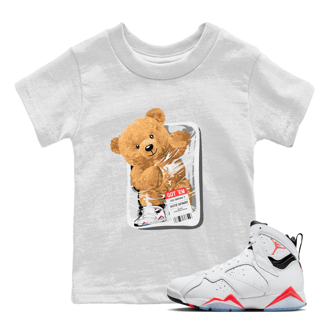 Air Jordan 7 White Infrared Sneaker Match Tees Packaged Bear Streetwear Sneaker Shirt AJ7 White Infrared Drip Gear Zone Sneaker Matching Clothing Kids, Youth, Baby Clothing White 1