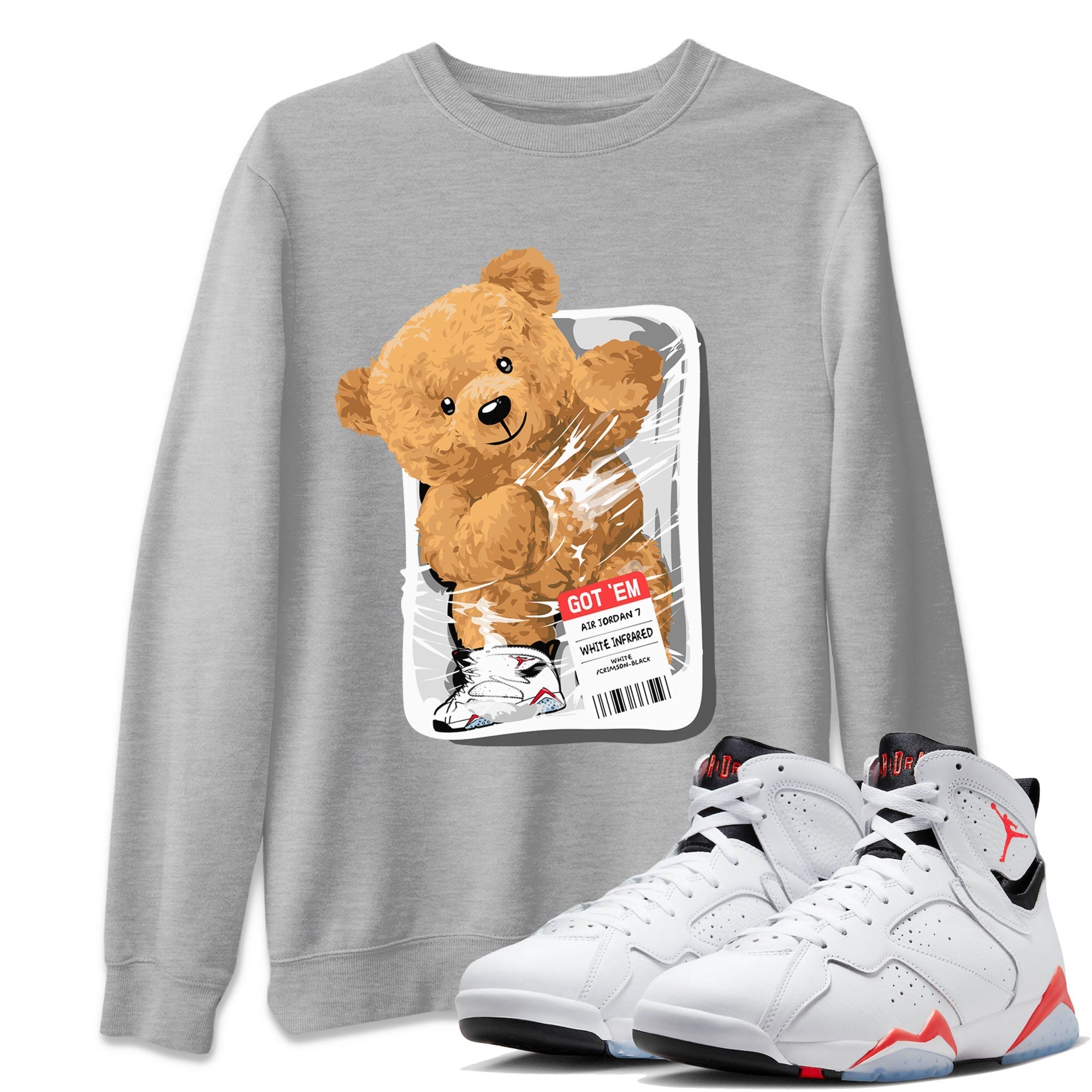Air Jordan 7 White Infrared Sneaker Match Tees Packaged Bear Streetwear Sneaker Shirt AJ7 White Infrared Drip Gear Zone Sneaker Matching Clothing Short Sleeve T-Shirt Heather Grey 1