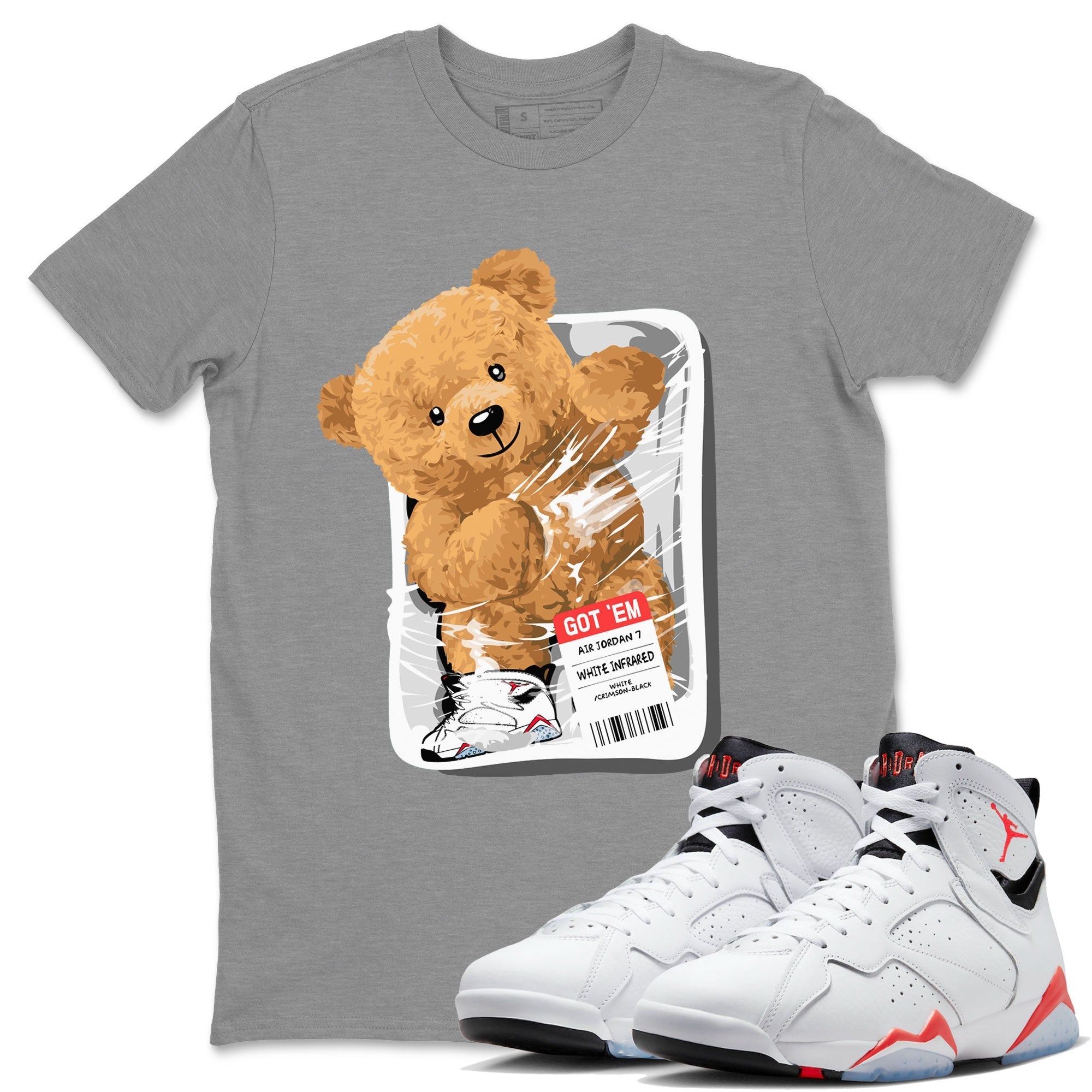 Air Jordan 7 White Infrared Sneaker Match Tees Packaged Bear Streetwear Sneaker Shirt AJ7 White Infrared Drip Gear Zone Sneaker Matching Clothing Short Sleeve T-Shirt Heather Grey 1