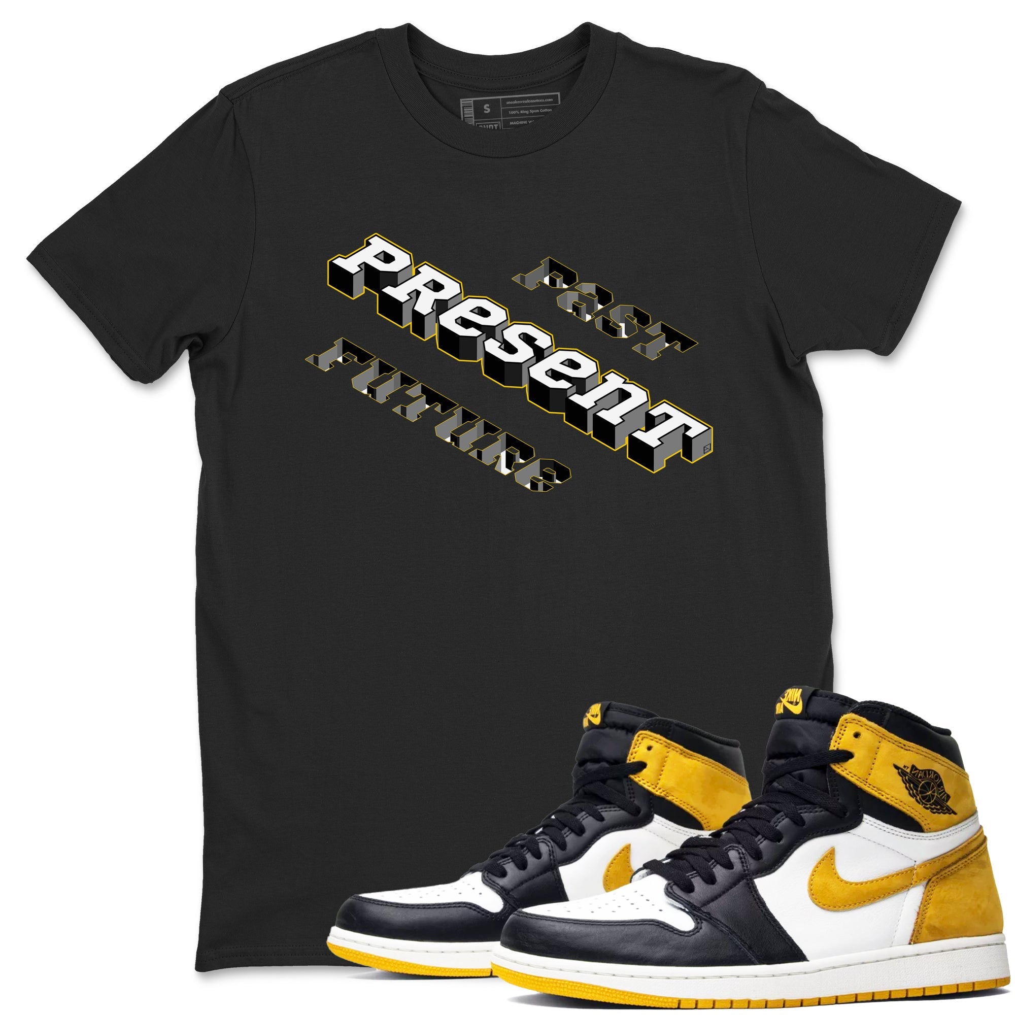 1s Yellow Ochre shirt to match jordans Past Present Future sneaker tees Air Jordan 1 High OG Yellow Ochre Drip Gear Zone unisex cotton Black 1 crew neck shirt