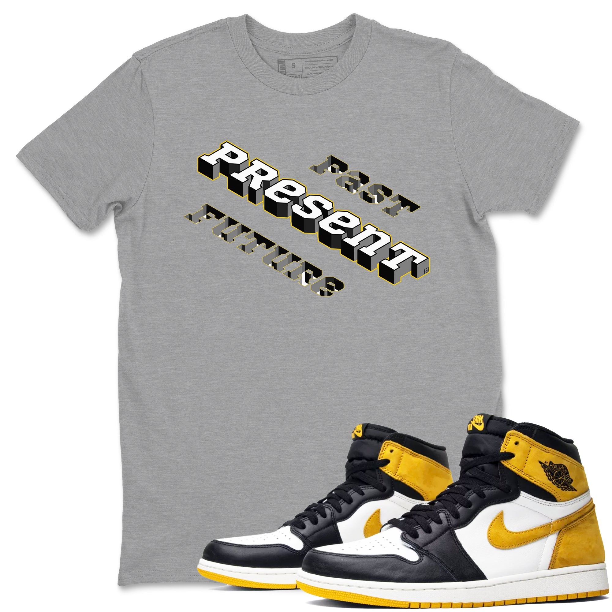 1s Yellow Ochre shirt to match jordans Past Present Future sneaker tees Air Jordan 1 High OG Yellow Ochre Drip Gear Zone unisex cotton Heather Grey 1 crew neck shirt