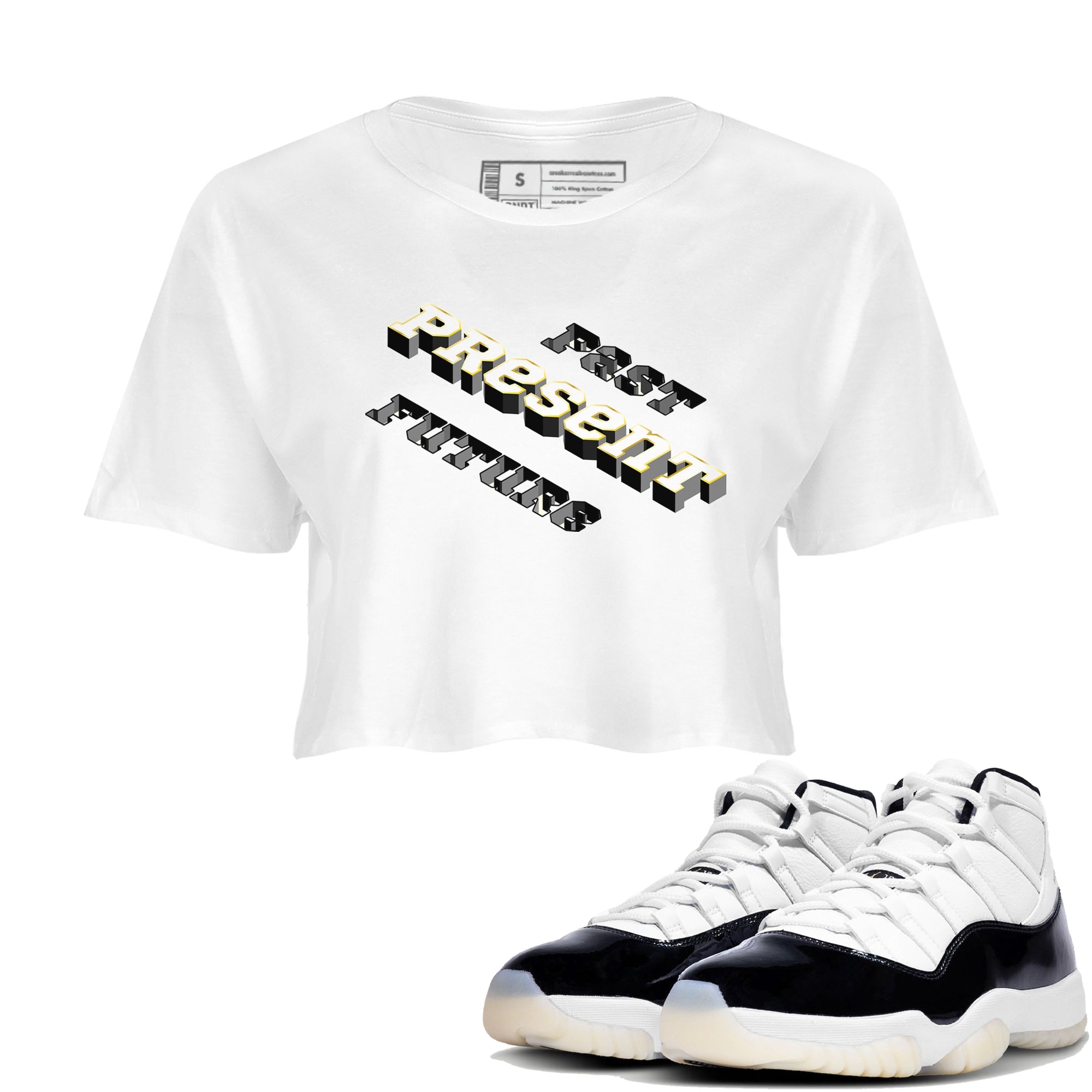 11s Gratitude shirt to match jordans Past Present Future sneaker match tee Air Jordan 11 Gratitude Drip Gear Zone White 1 women's crop tee
