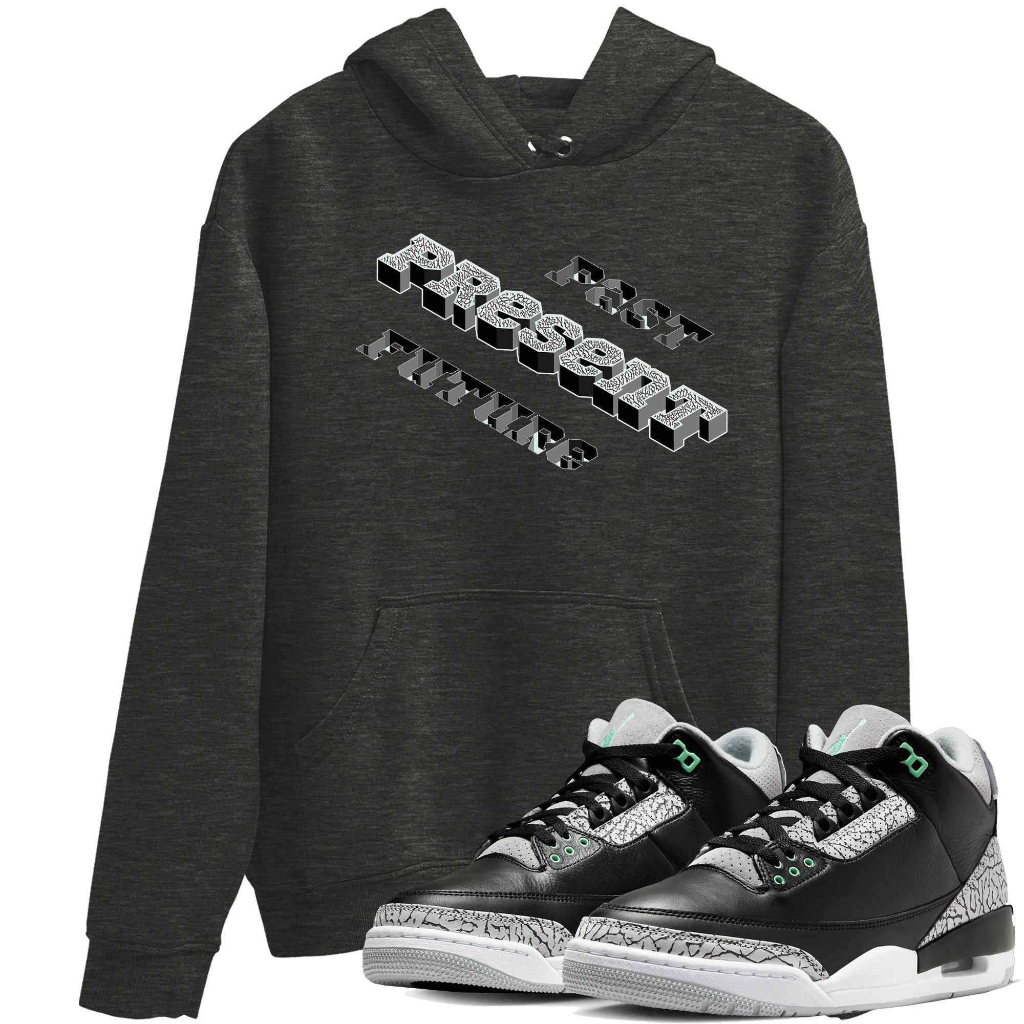 3s Green Glow shirt to match jordans Past Present Future sneaker tees Air Jordan 3 Green Glow Drip Gear Zone unisex cotton Charcoal Heather 1 crew neck shirt