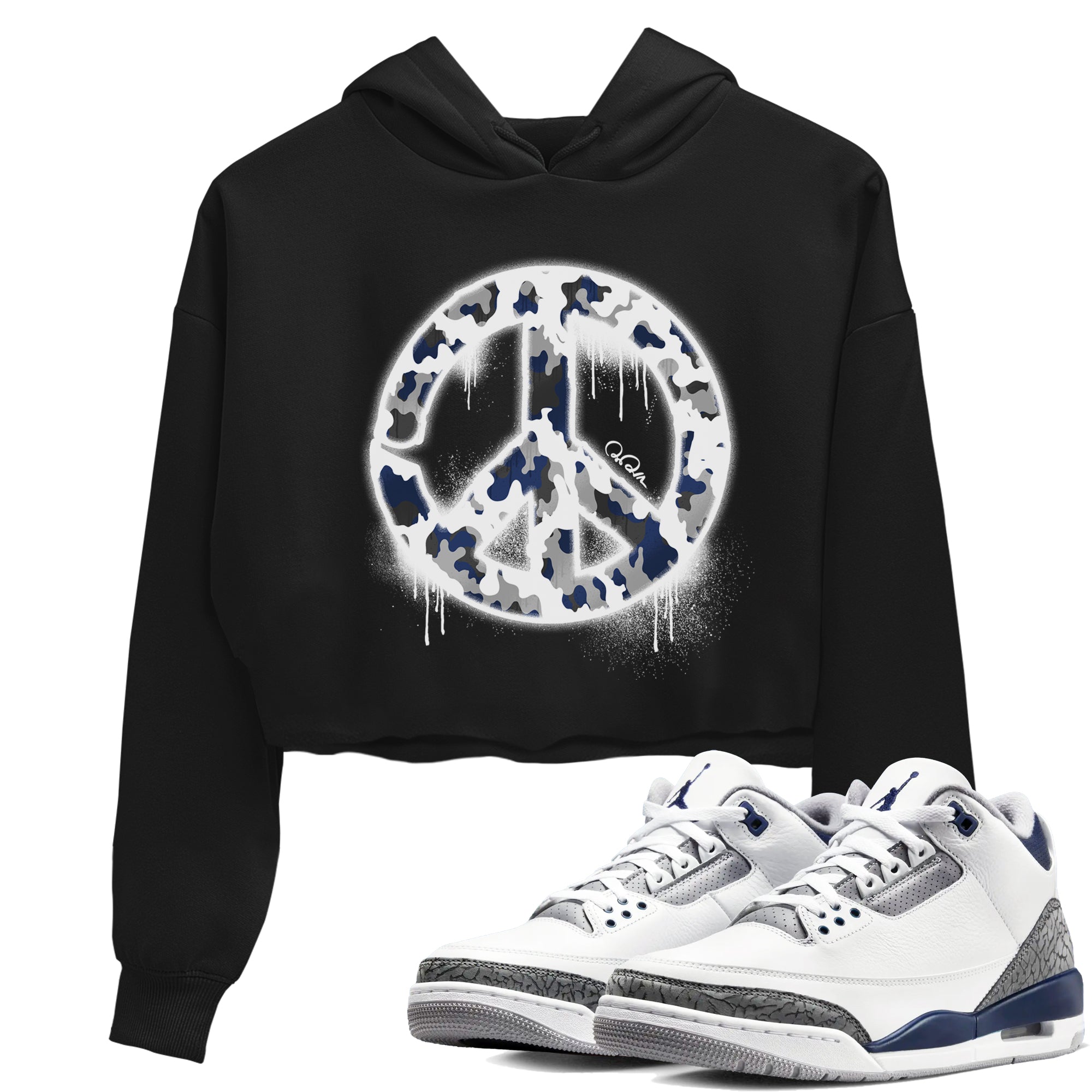 3s Midnight Navy shirt to match jordans Peace Sign sneaker match t-shirt AJ3 Midnight Navy Drip Gear Zone Black 1 crop length shirt