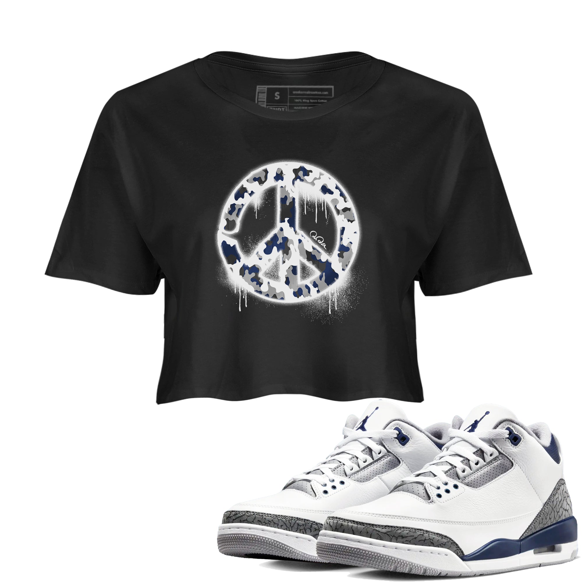 3s Midnight Navy shirt to match jordans Peace Sign sneaker match t-shirt AJ3 Midnight Navy Drip Gear Zone Black 1 crop length shirt