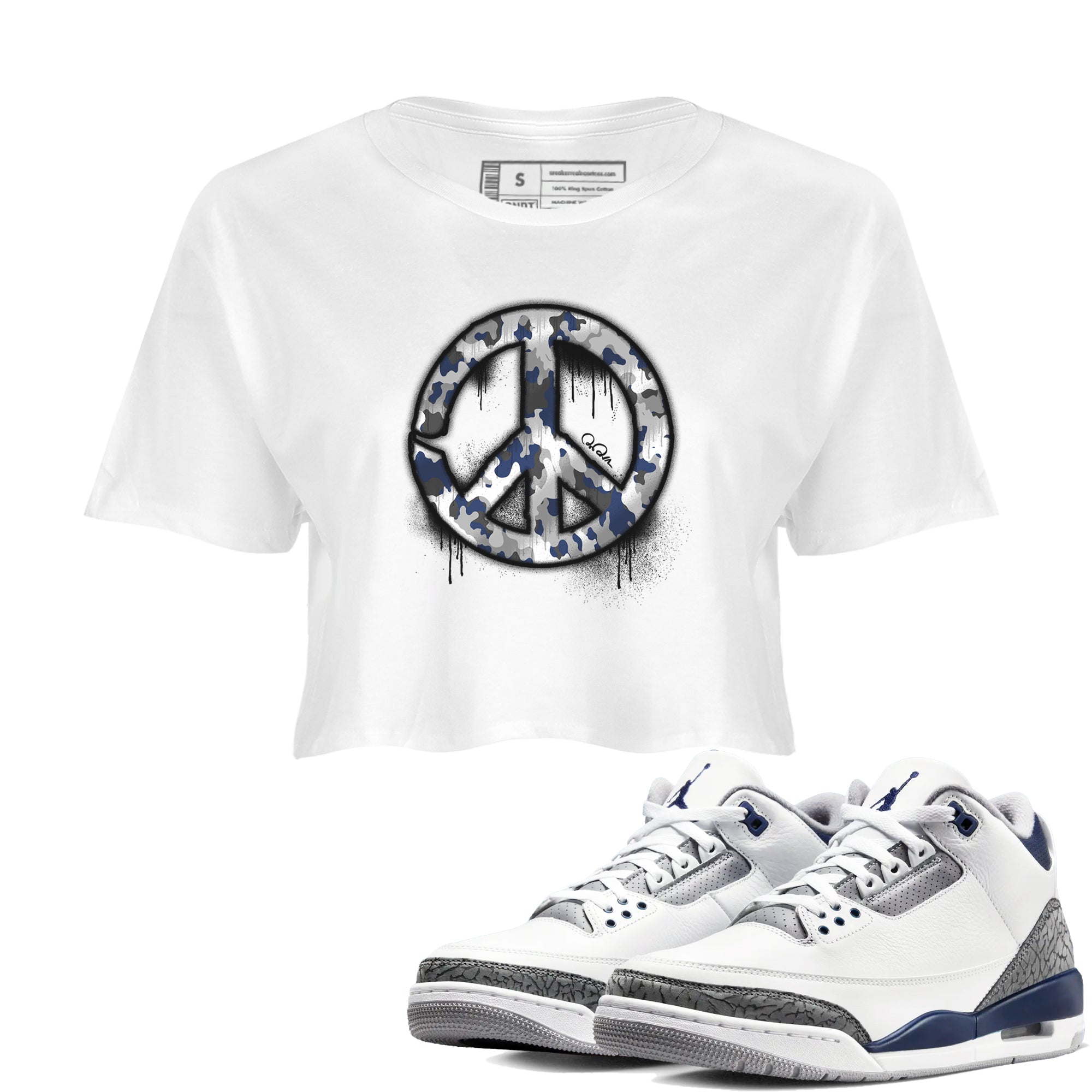 3s Midnight Navy shirt to match jordans Peace Sign sneaker match t-shirt AJ3 Midnight Navy Drip Gear Zone White 1 crop length shirt